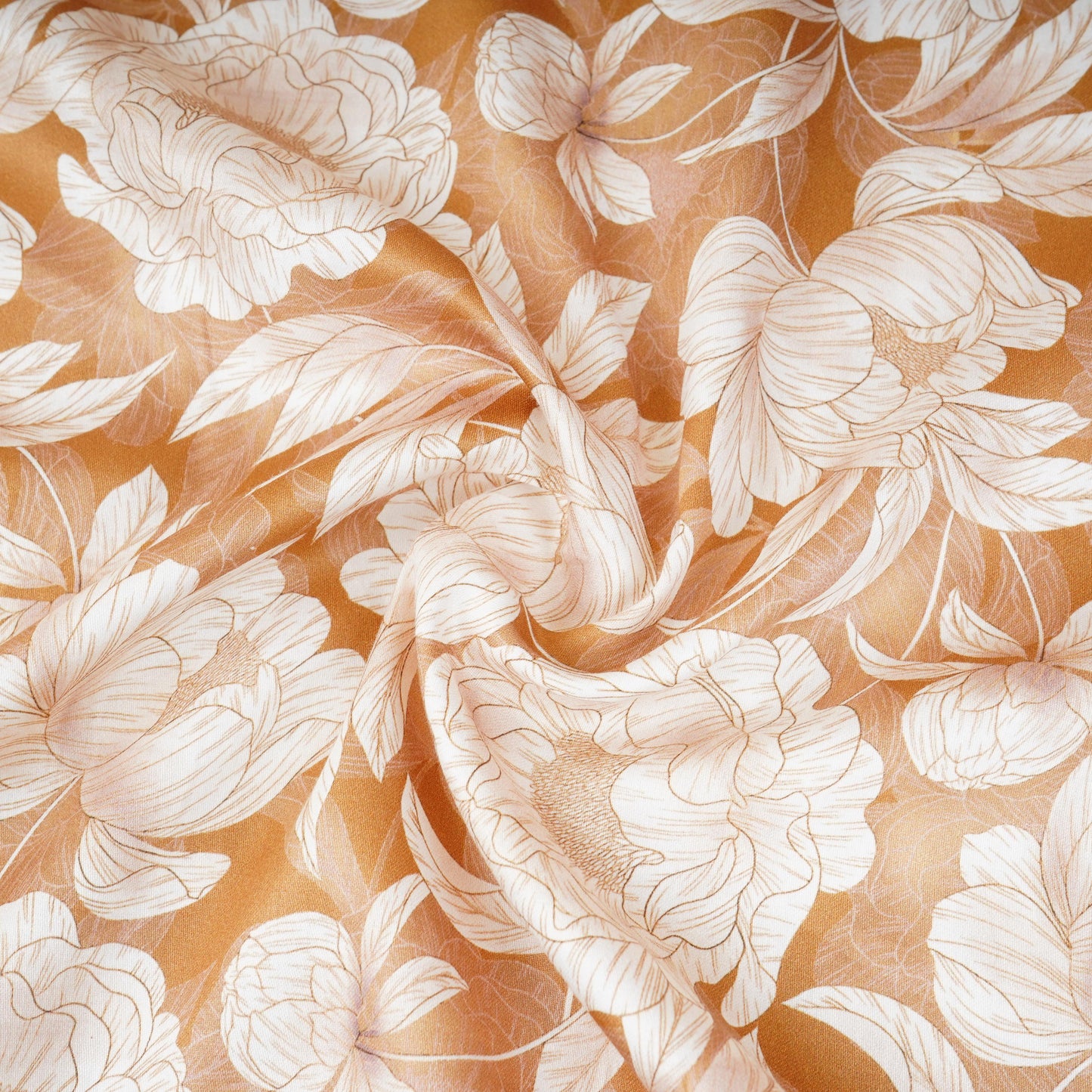 Brown with White Floral Print Cotton Satin Fabric PG-30435