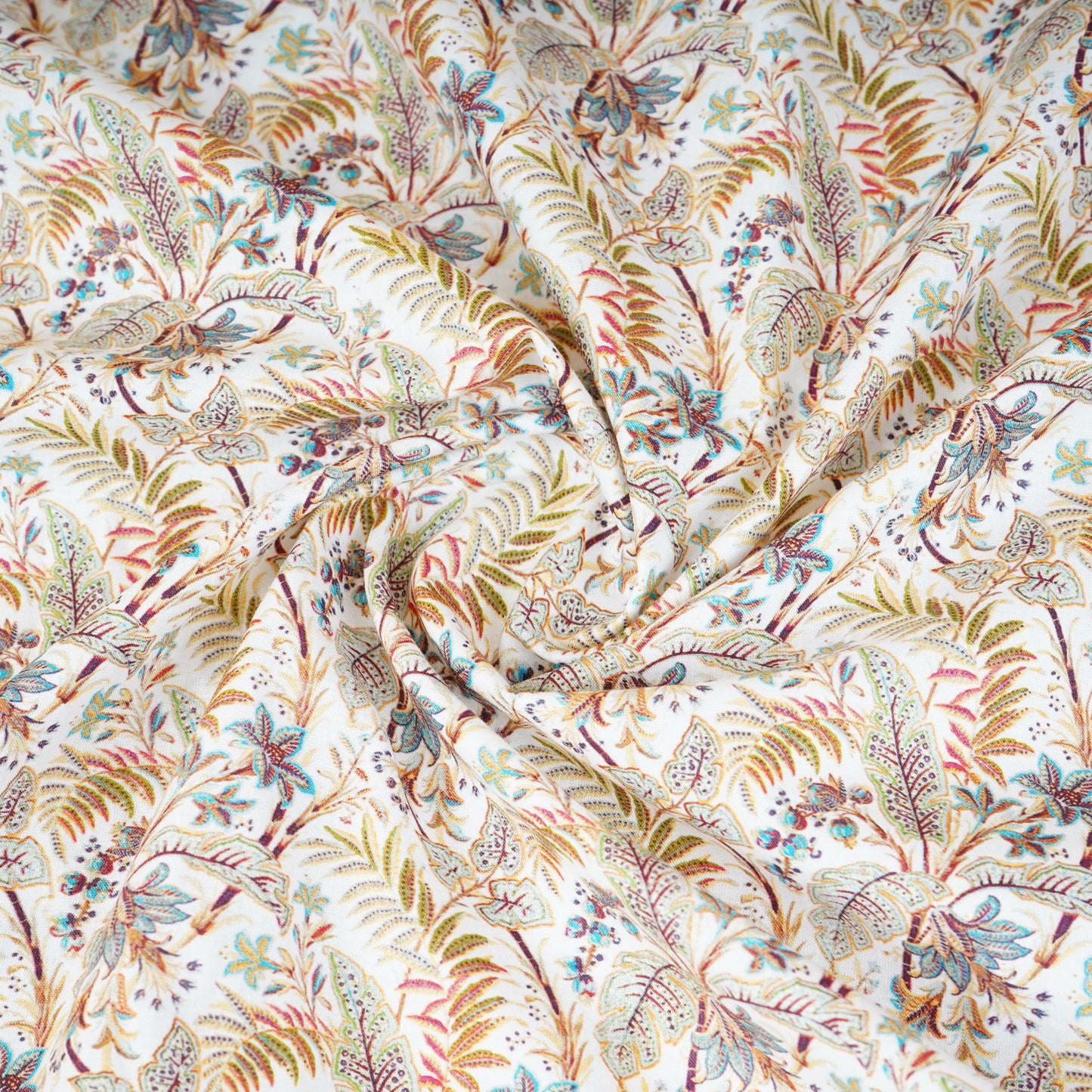 Off White with Green Floral Print Cotton Mulmul Fabric PG-30469