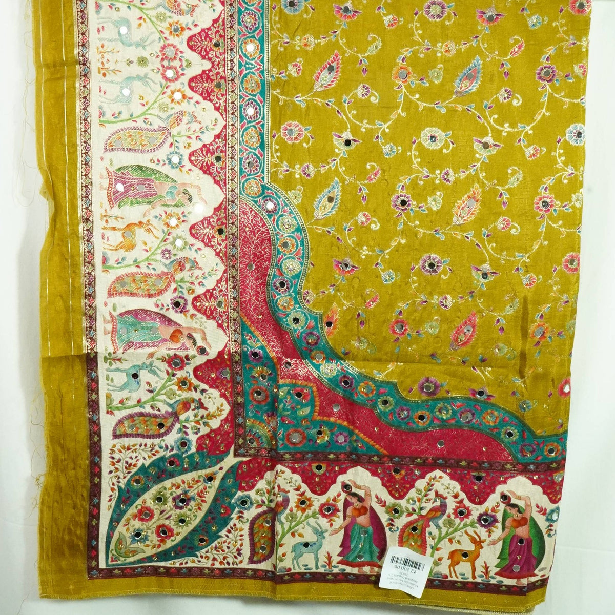 Olive Green Floral Multicolor Mirror Work Jacquard Dupatta SU-33639 – image 3 of 3