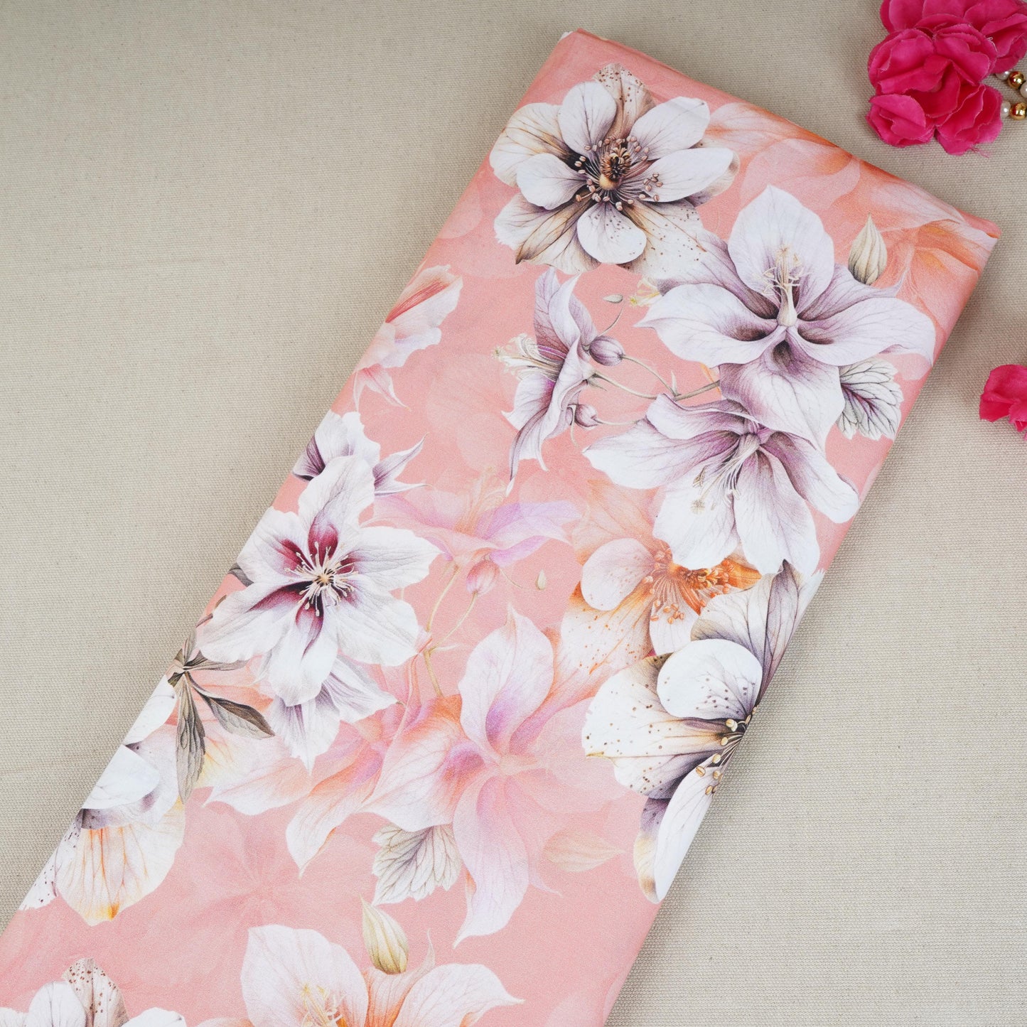 Pink with White Floral Print Cotton Mulmul Fabric PG-30468