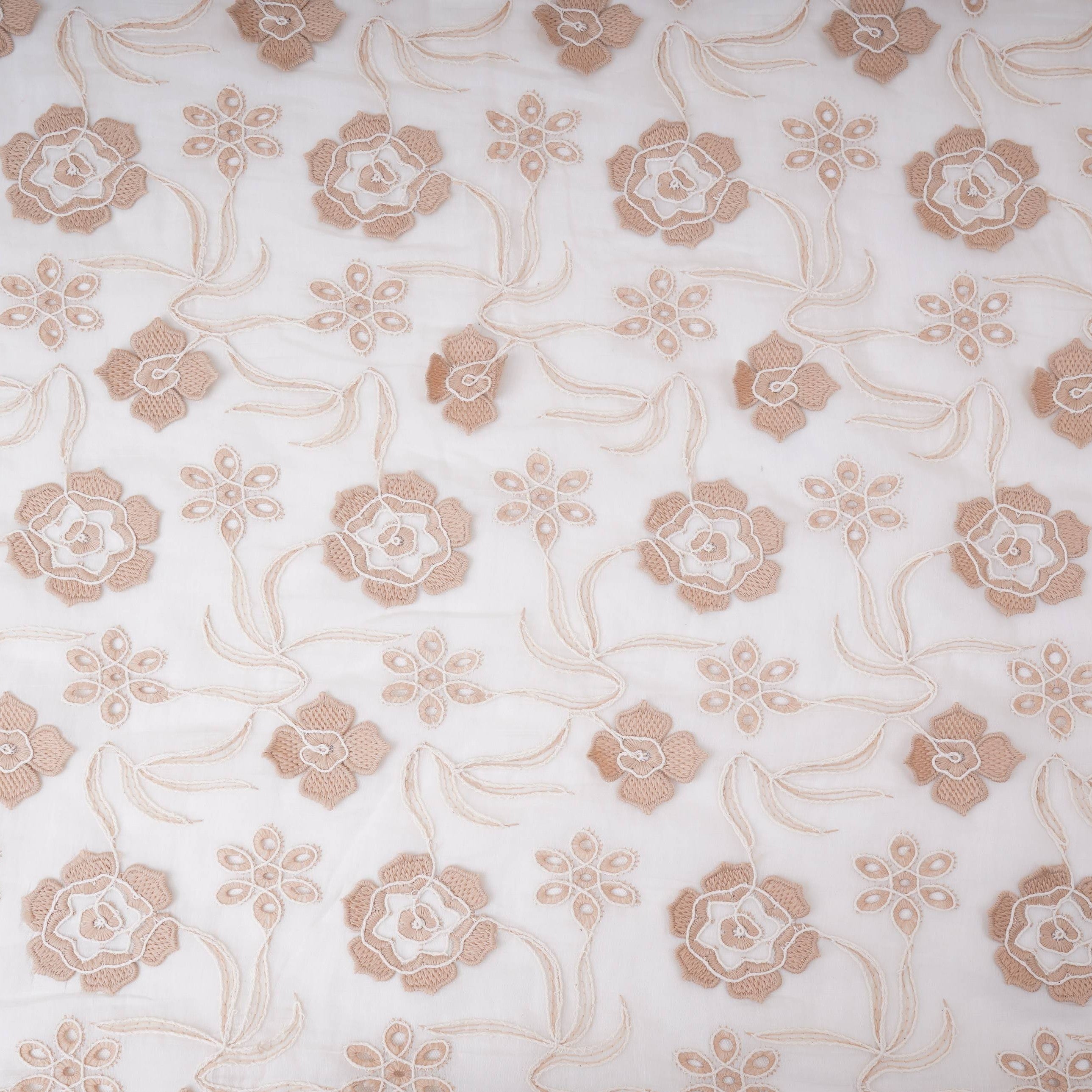 Off White With Beige 3D Floral Embroidery Tencel Schiffli Fabric LI-32333 - TradeUNO