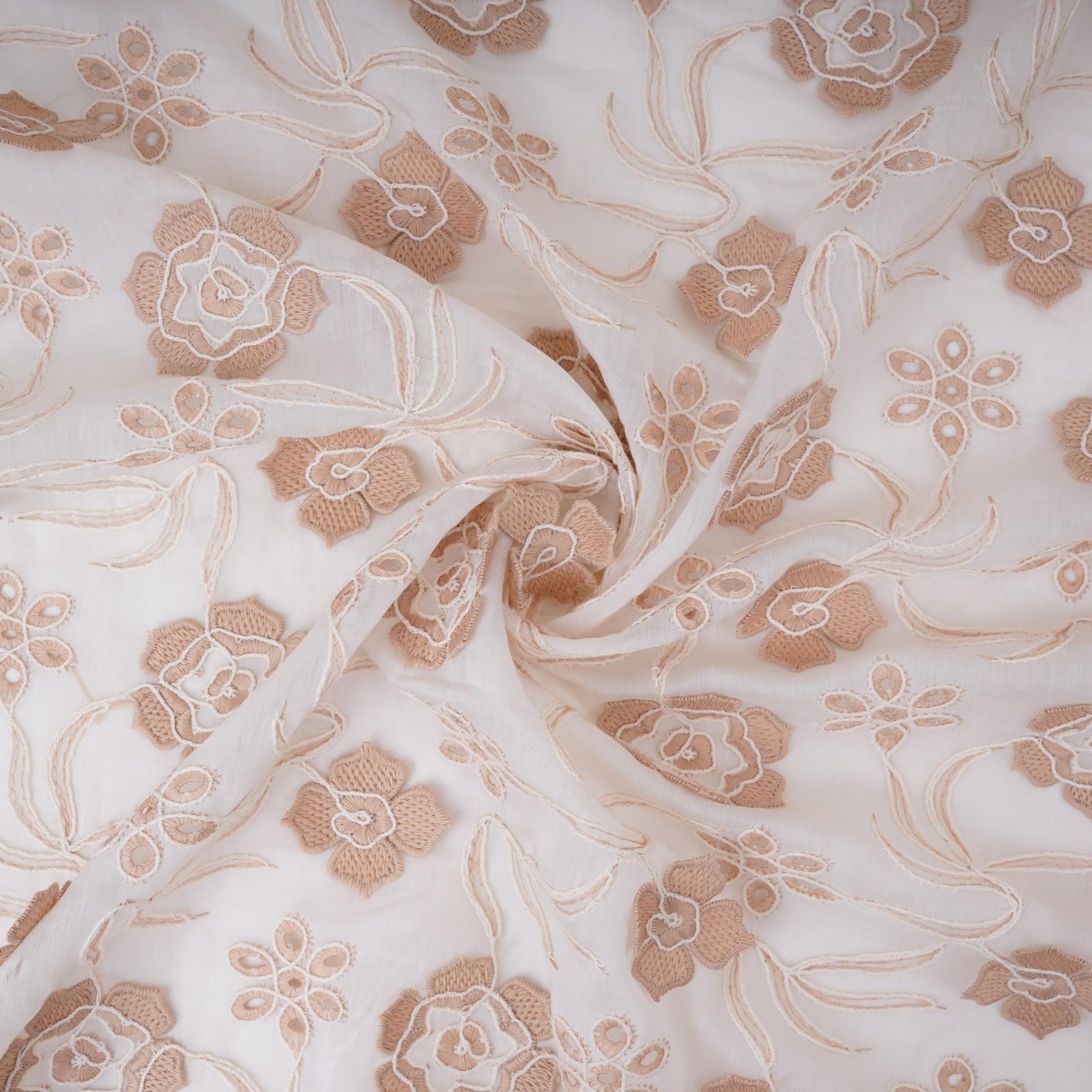 Off White With Beige 3D Floral Embroidery Tencel Schiffli Fabric LI-32333 - TradeUNO