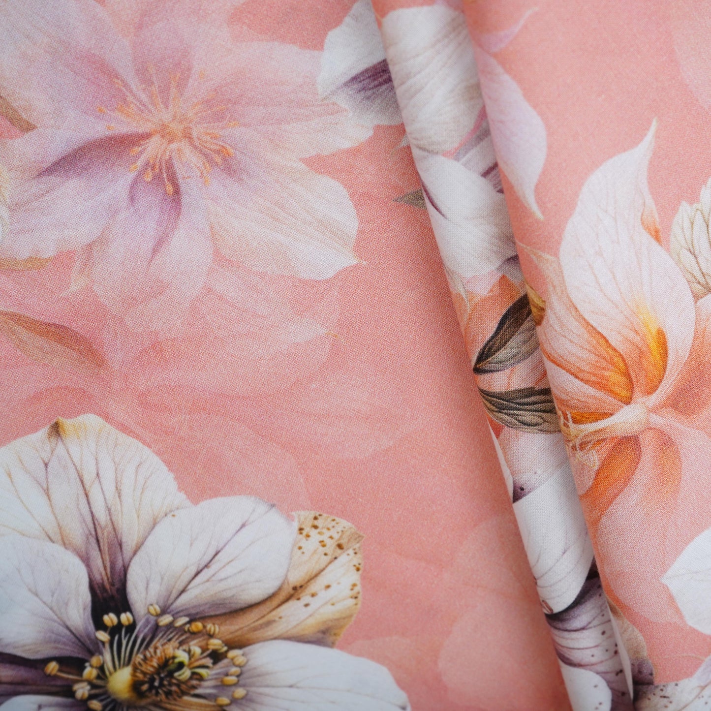 Pink with White Floral Print Cotton Mulmul Fabric PG-30468
