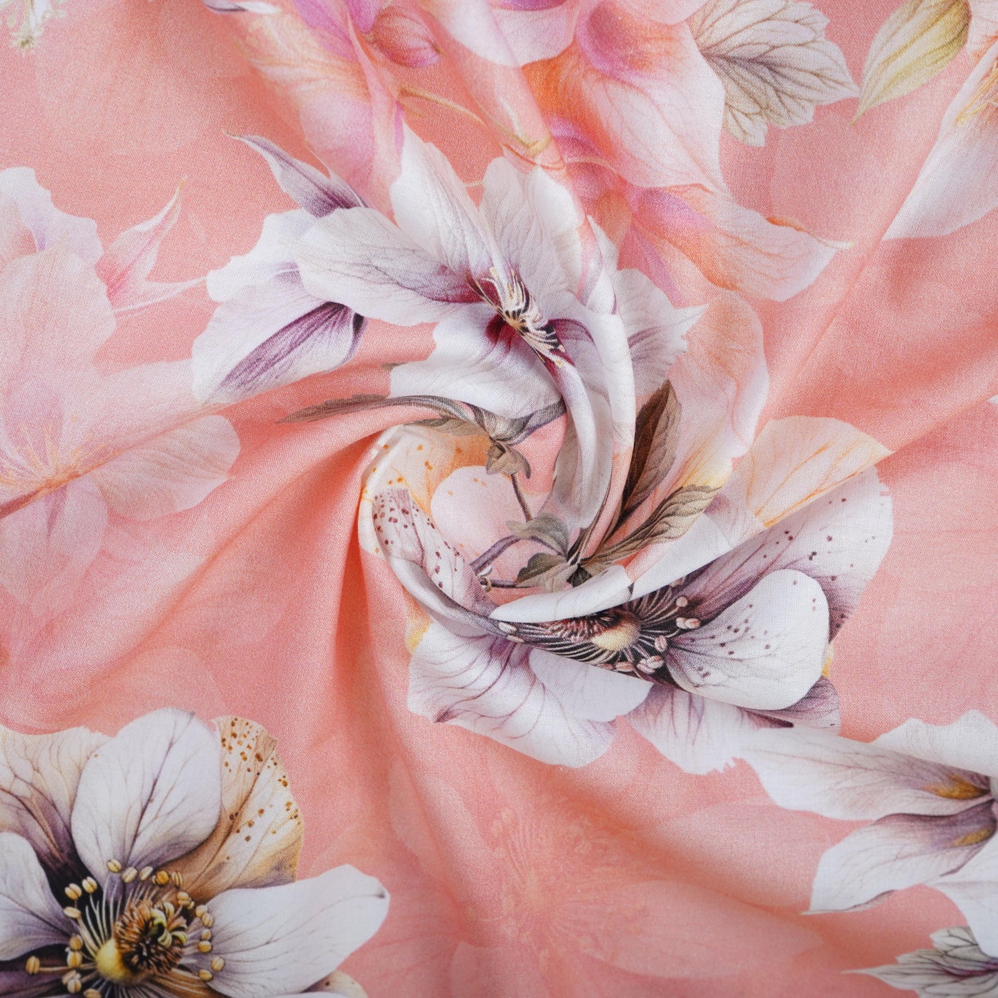 Pink with White Floral Print Cotton Mulmul Fabric PG-30468