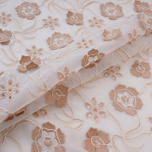 Off White With Beige 3D Floral Embroidery Tencel Schiffli Fabric LI-32333 - TradeUNO