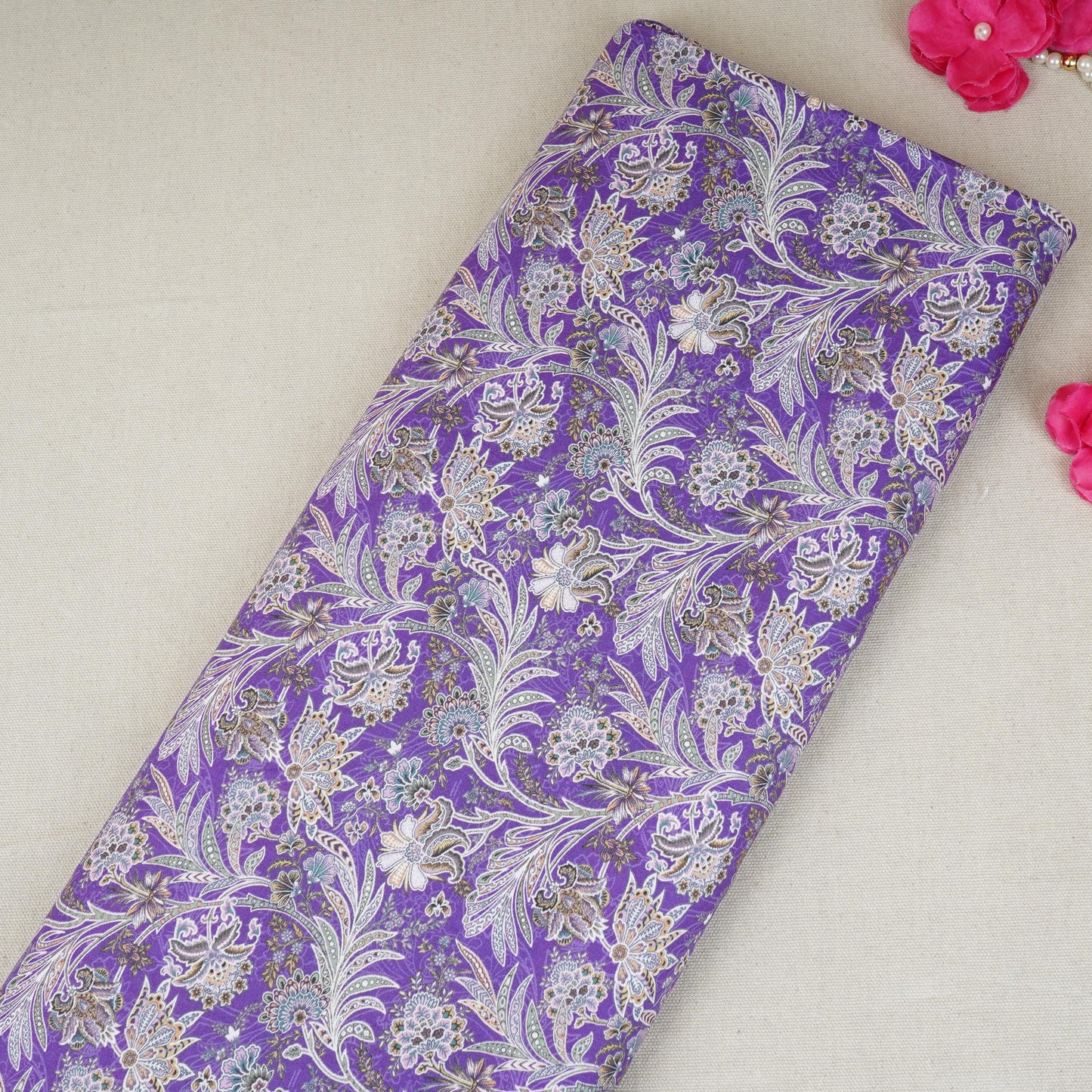 Purple with Silver Paisley Print Cotton Mulmul Fabric PG-30472