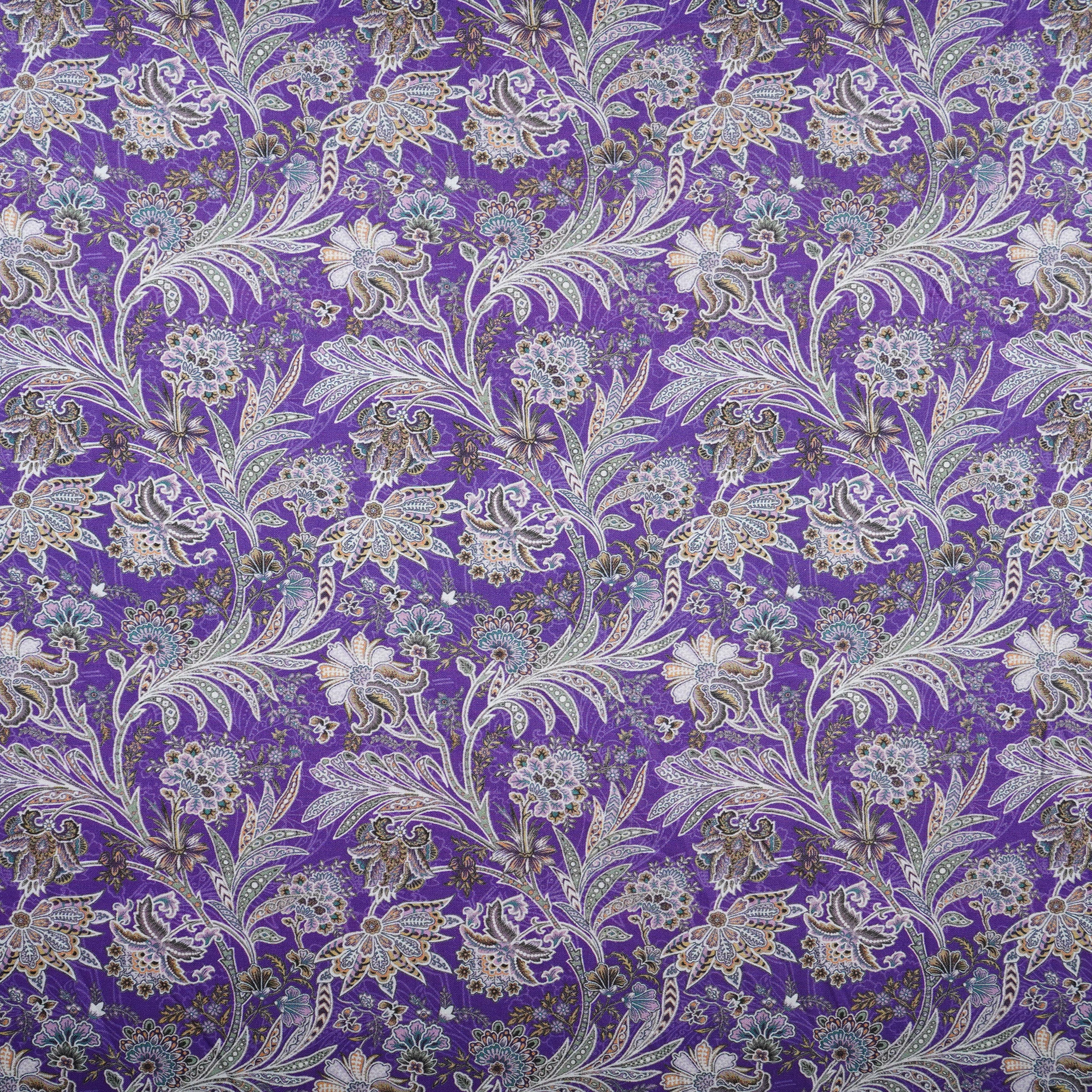 Purple with Silver Paisley Print Cotton Mulmul Fabric PG-30472 - TradeUNO