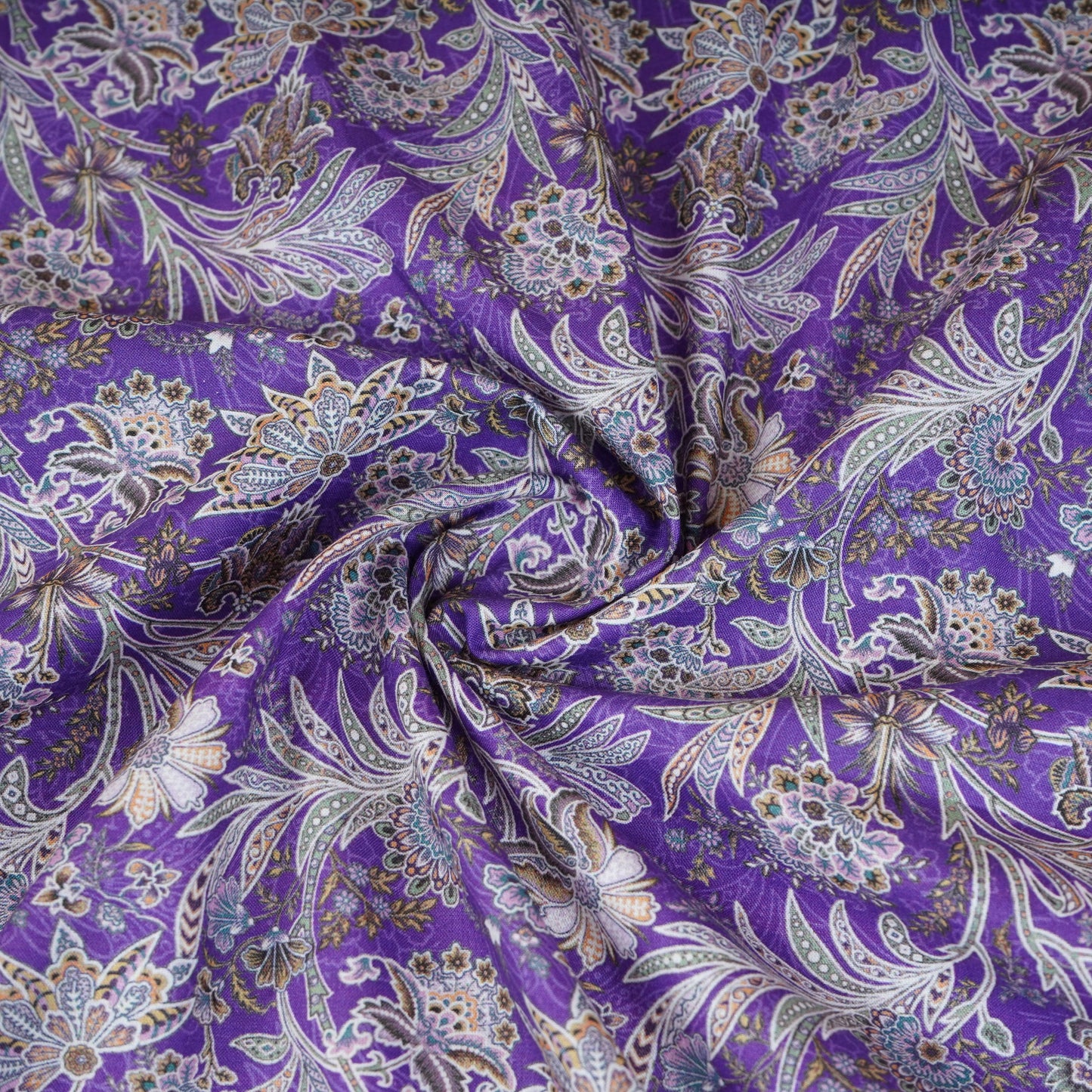Purple with Silver Paisley Print Cotton Mulmul Fabric PG-30472