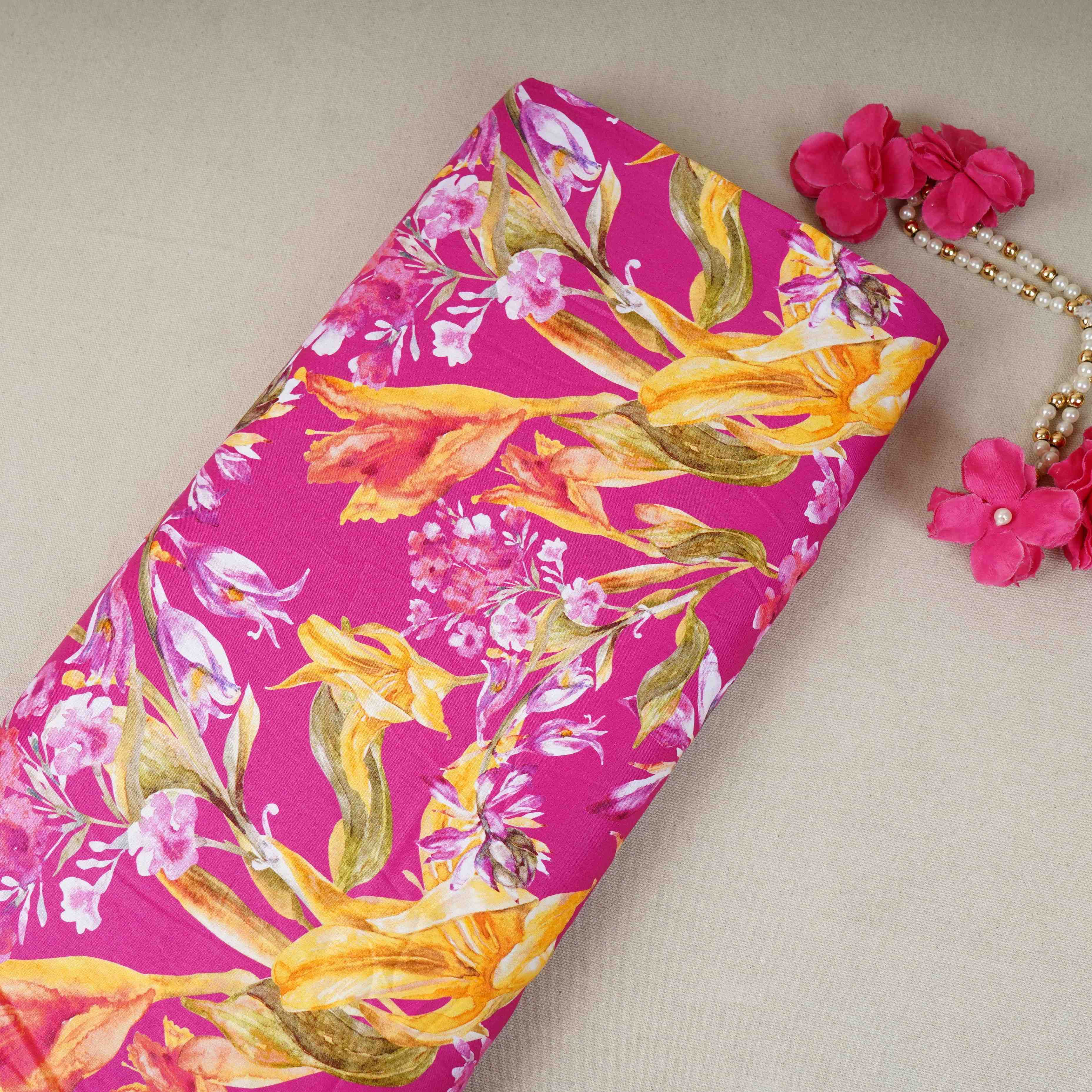 Magenta Pink with Yellow Floral Print Cotton Satin Fabric PG-30443 - TradeUNO