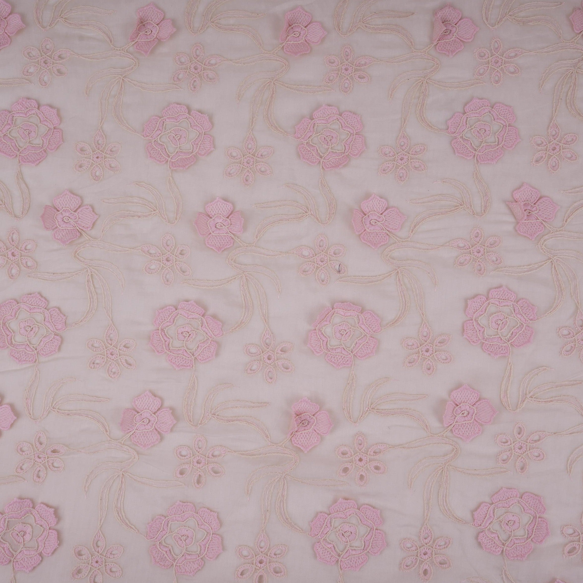 Off White With Pink 3D Floral Embroidery Tencel Schiffli Fabric LI-32334 - TradeUNO