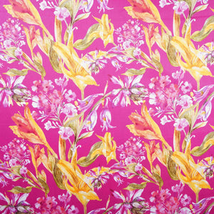 Magenta Pink with Yellow Floral Print Cotton Satin Fabric PG-30443 - TradeUNO