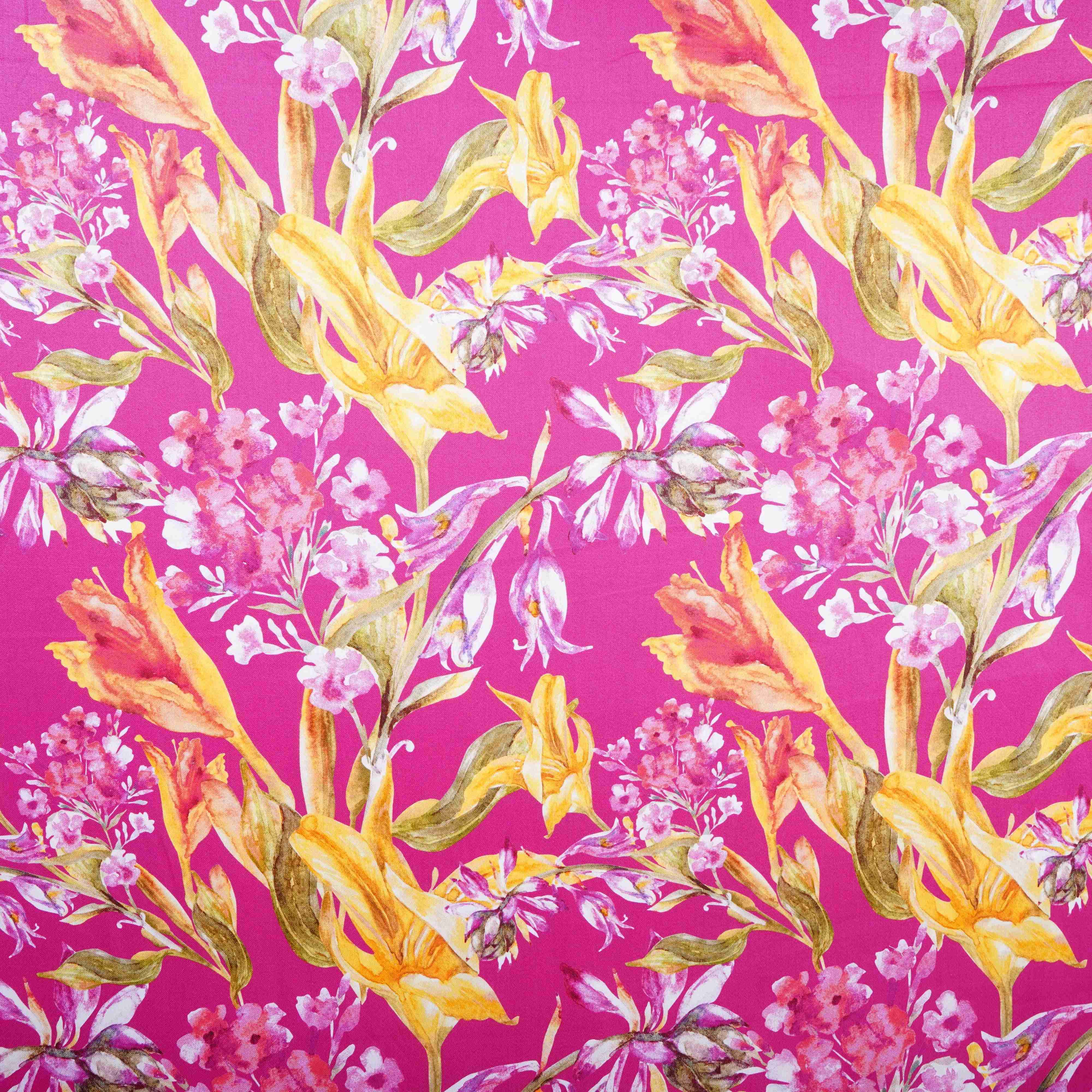Magenta Pink with Yellow Floral Print Cotton Satin Fabric PG-30443 - TradeUNO