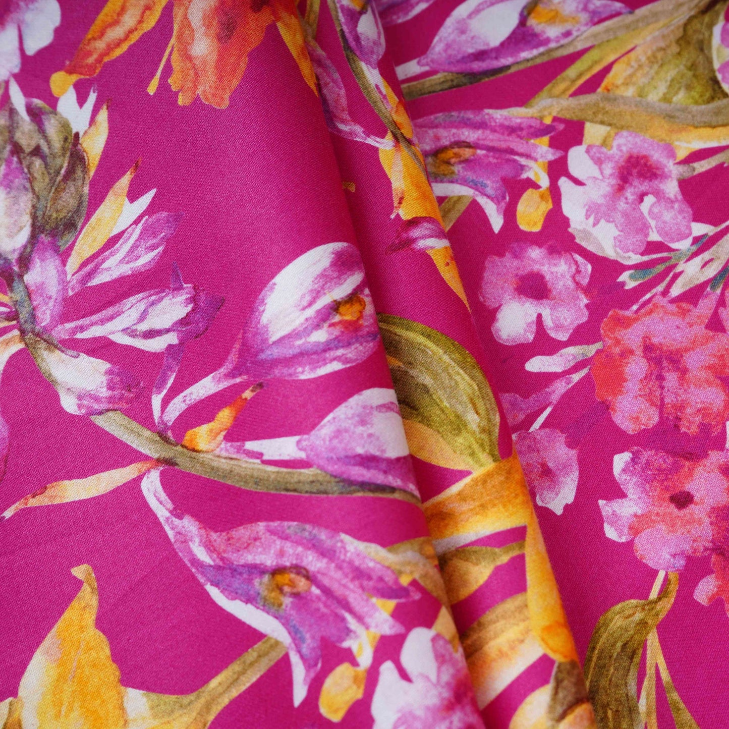 Magenta Pink with Yellow Floral Print Cotton Satin Fabric PG-30443