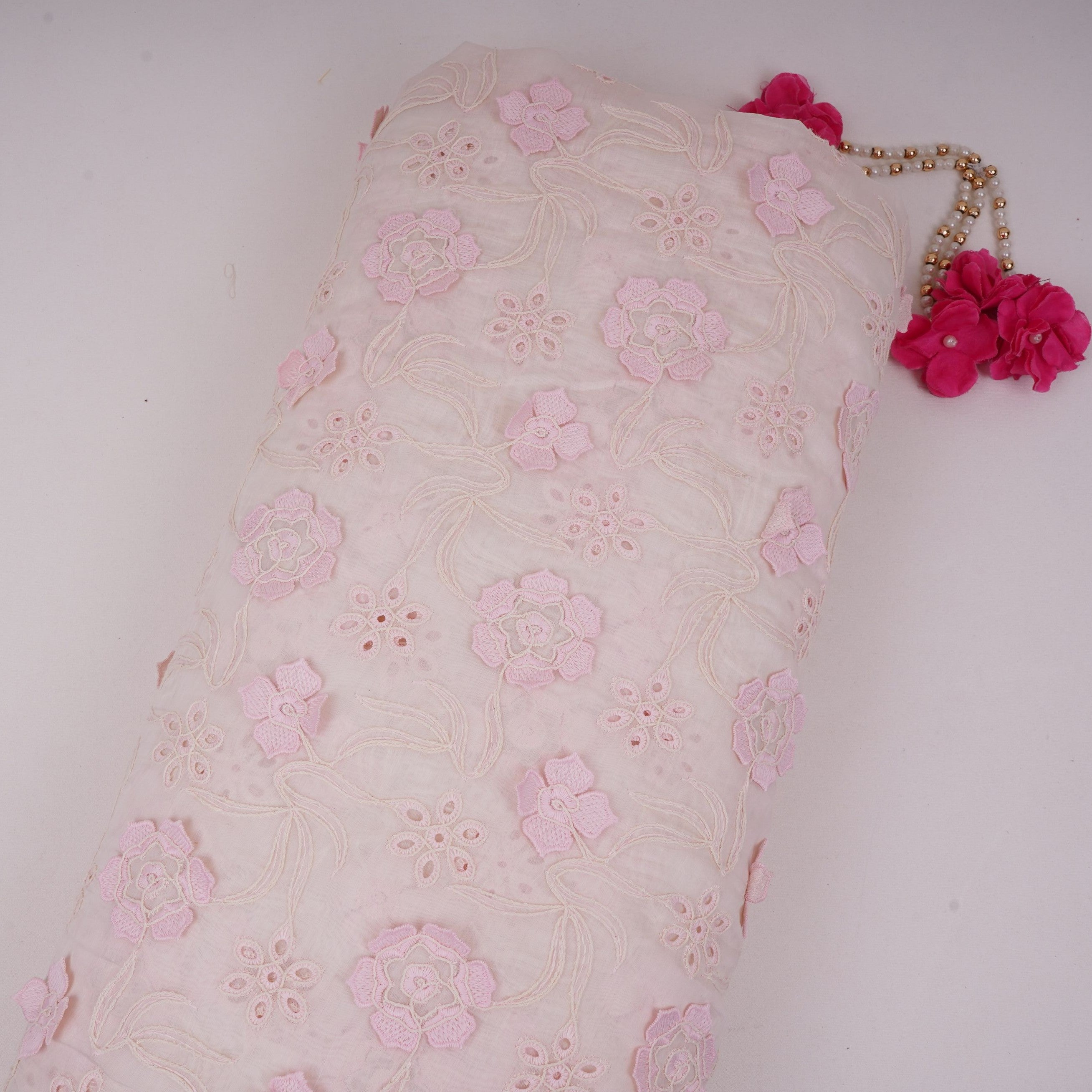 Off White With Pink 3D Floral Embroidery Tencel Schiffli Fabric LI-32334 - TradeUNO