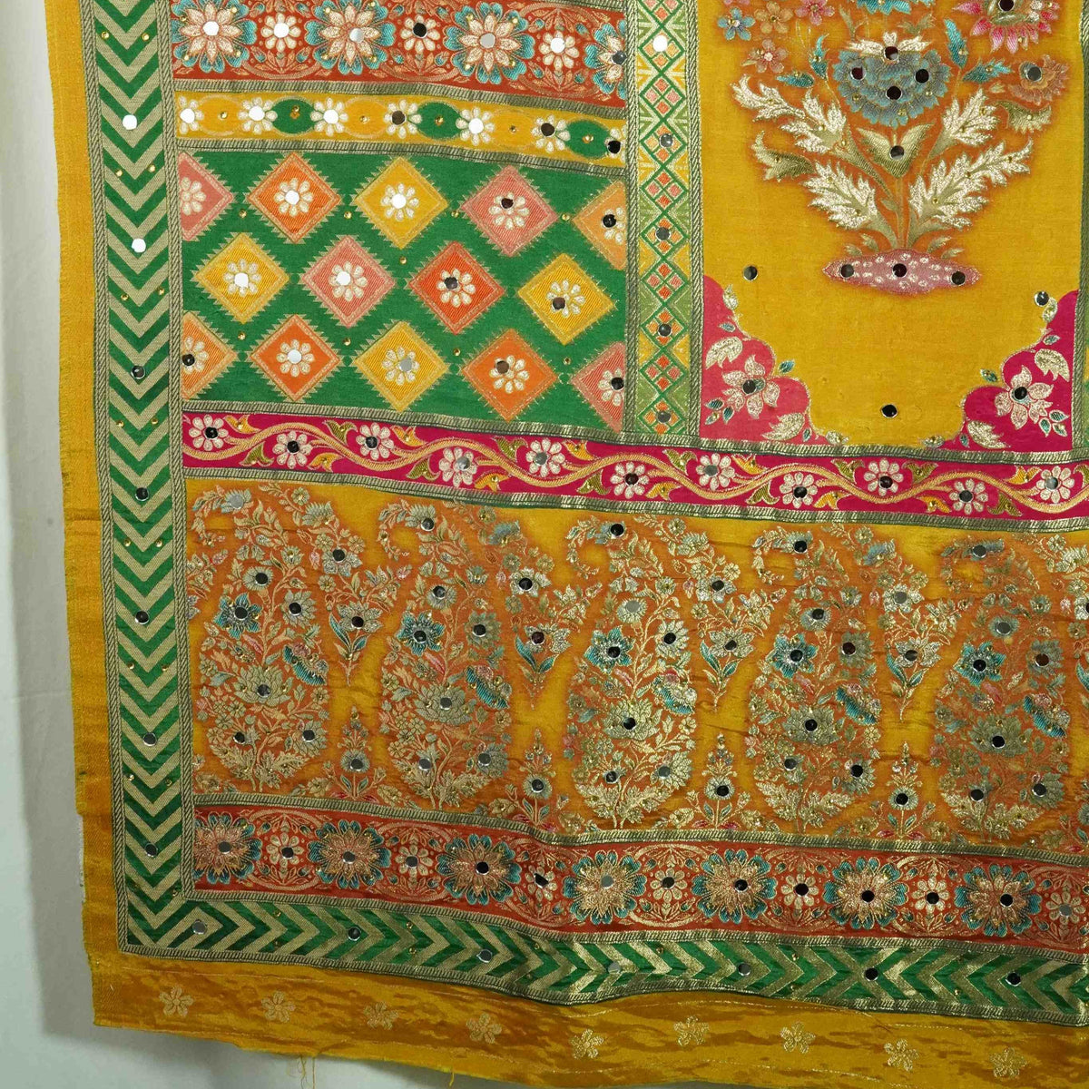 Yellow Floral Multicolor Mirror Work Jacquard Dupatta SU-33634 – image 3 of 4