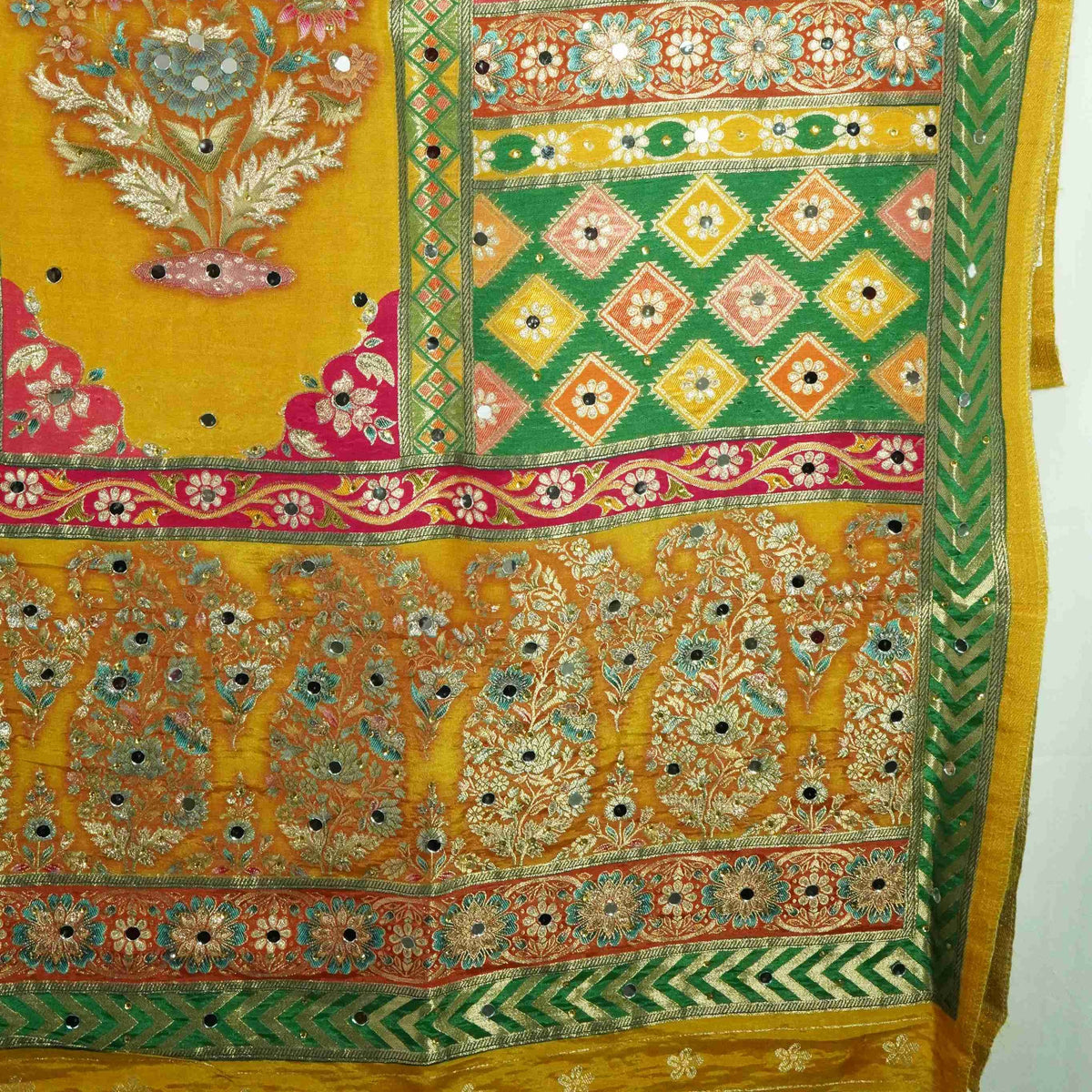 Yellow Floral Multicolor Mirror Work Jacquard Dupatta SU-33634 – image 4 of 4