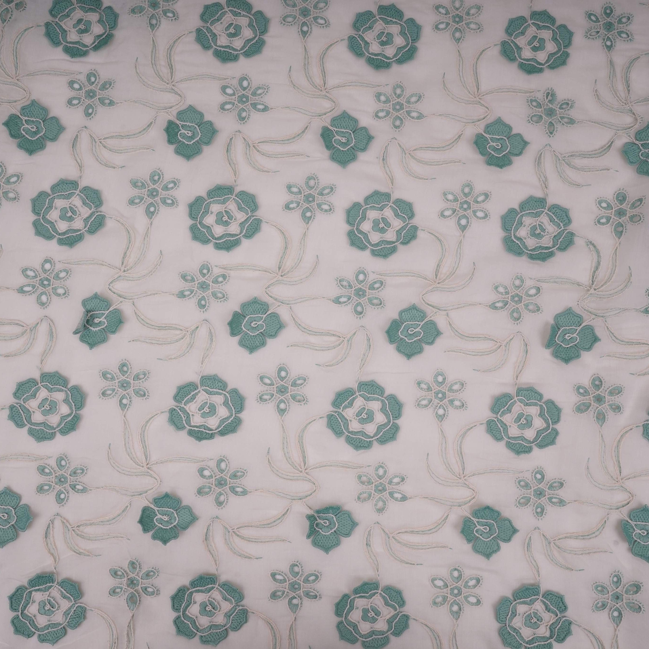 Off White With Sage Green 3D Floral Embroidery Tencel Schiffli Fabric LI-32332 - TradeUNO