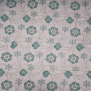 Off White With Sage Green 3D Floral Embroidery Tencel Schiffli Fabric LI-32332 - TradeUNO