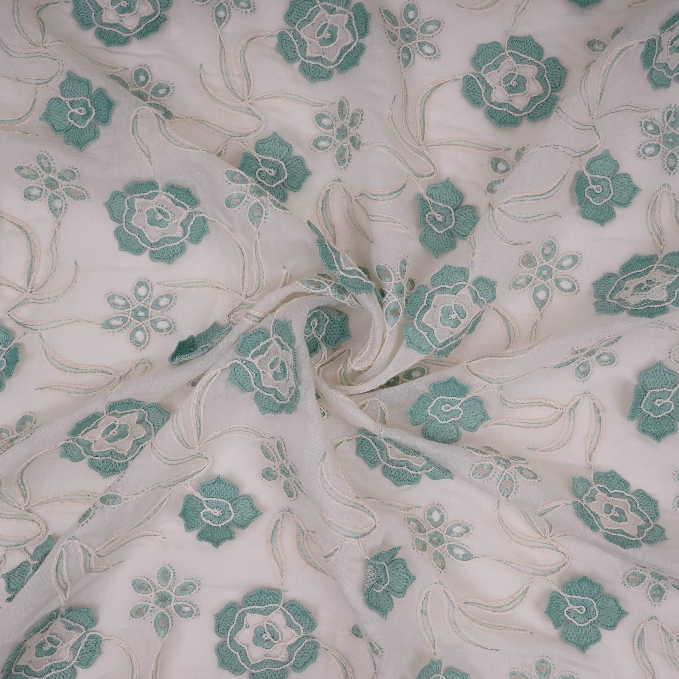 Off White With Sage Green 3D Floral Embroidery Tencel Schiffli Fabric LI-32332 - TradeUNO