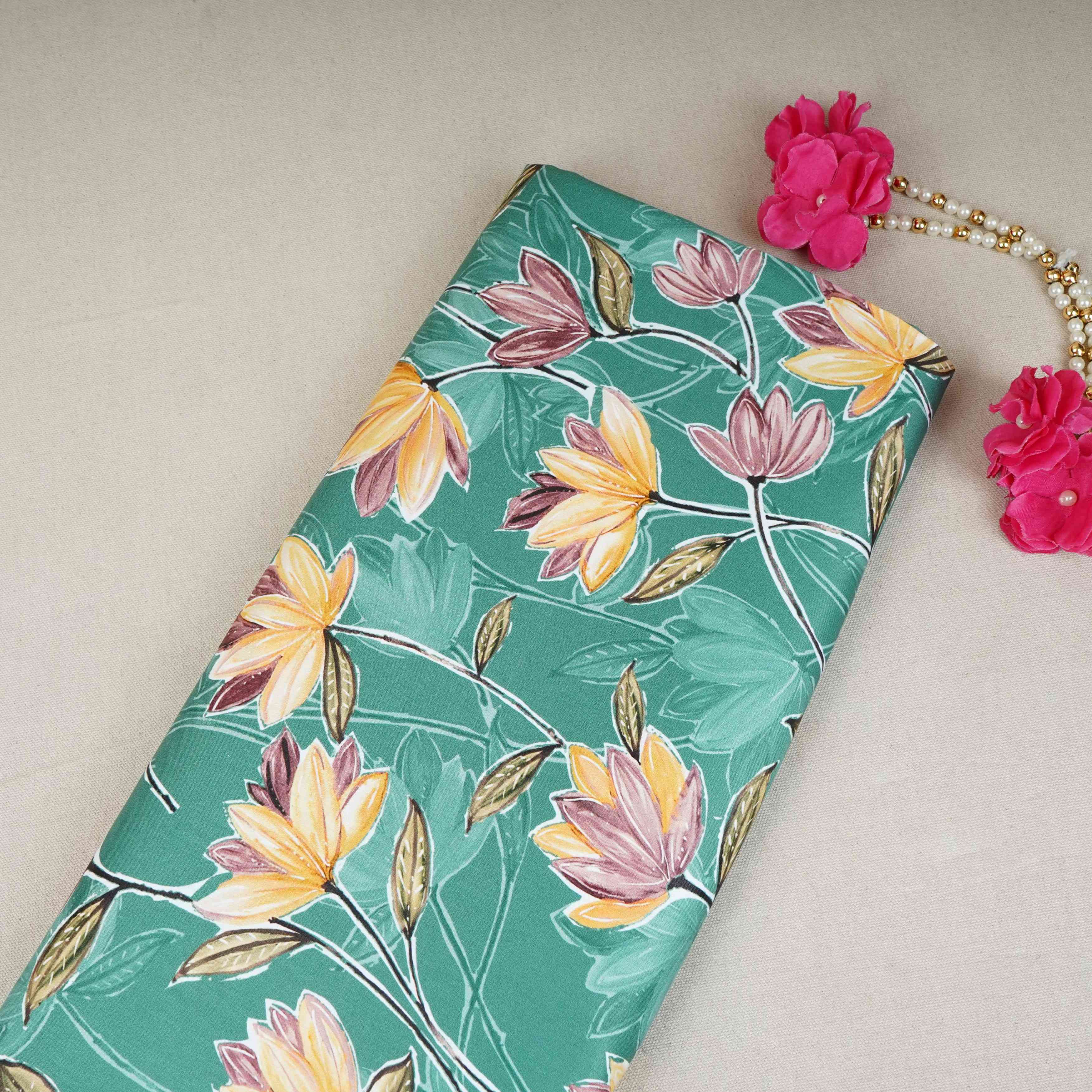 Green with Yellow Floral Print Cotton Satin Fabric PG-30444 - TradeUNO