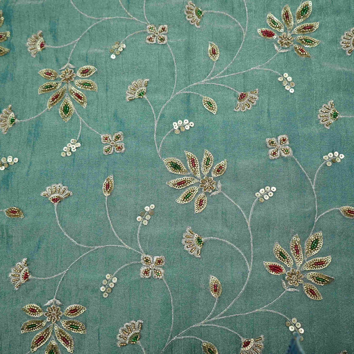 Teal Blue Floral Cutdana Embroidery Kanjivaram Tissue Fabric VF-35379