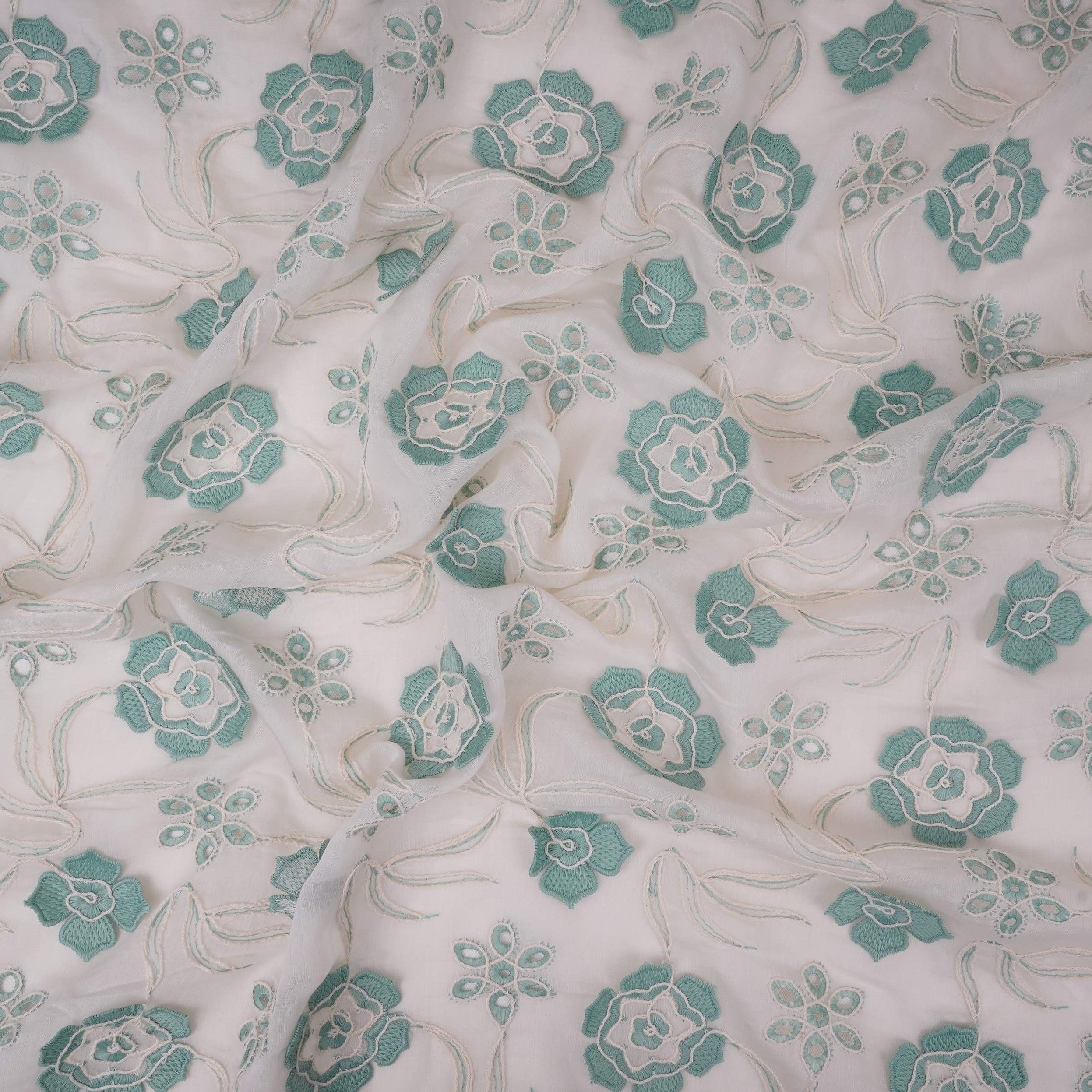 Off White With Sage Green 3D Floral Embroidery Tencel Schiffli Fabric LI-32332 - TradeUNO