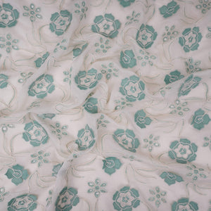 Off White With Sage Green 3D Floral Embroidery Tencel Schiffli Fabric LI-32332 - TradeUNO