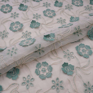 Off White With Sage Green 3D Floral Embroidery Tencel Schiffli Fabric LI-32332 - TradeUNO