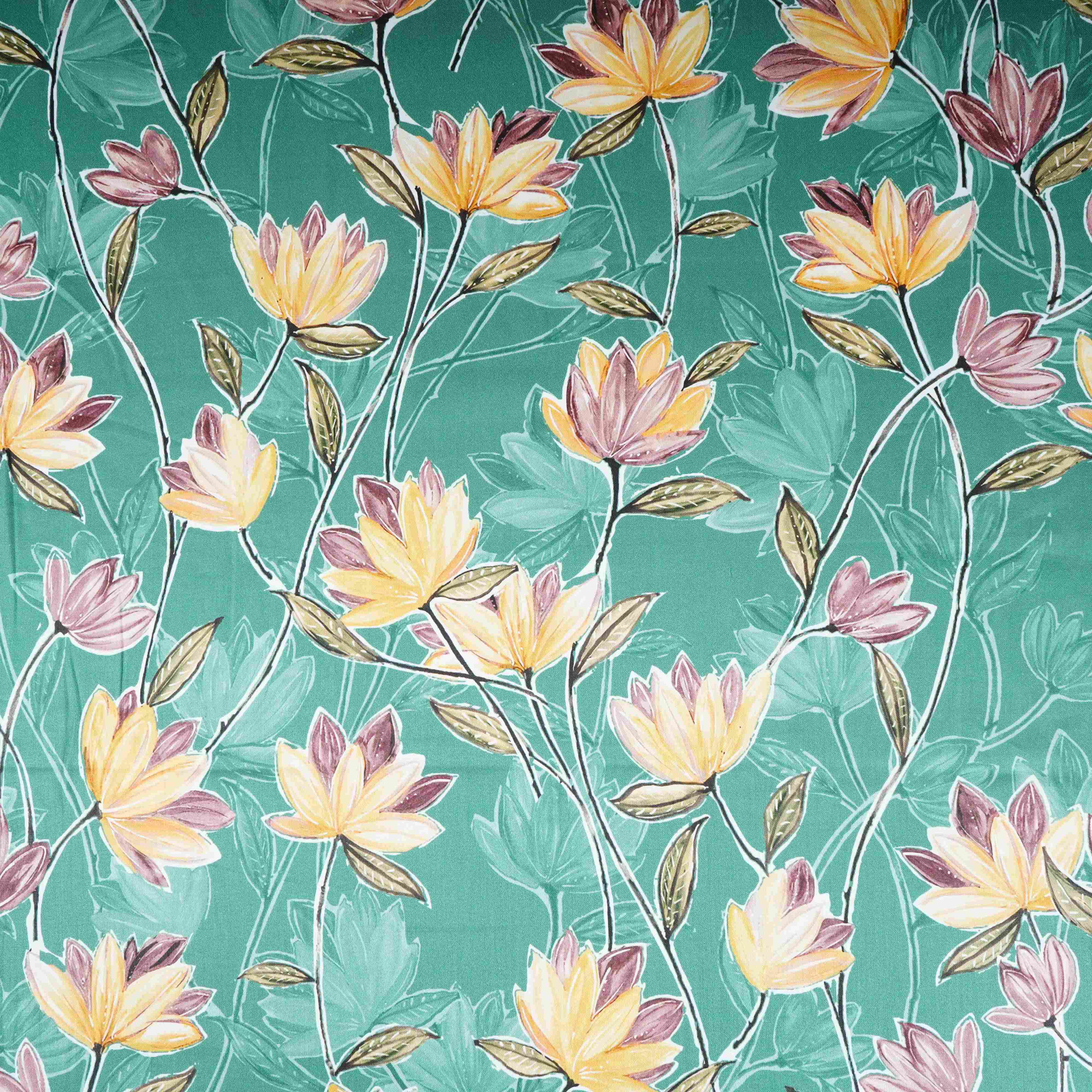 Green with Yellow Floral Print Cotton Satin Fabric PG-30444 - TradeUNO