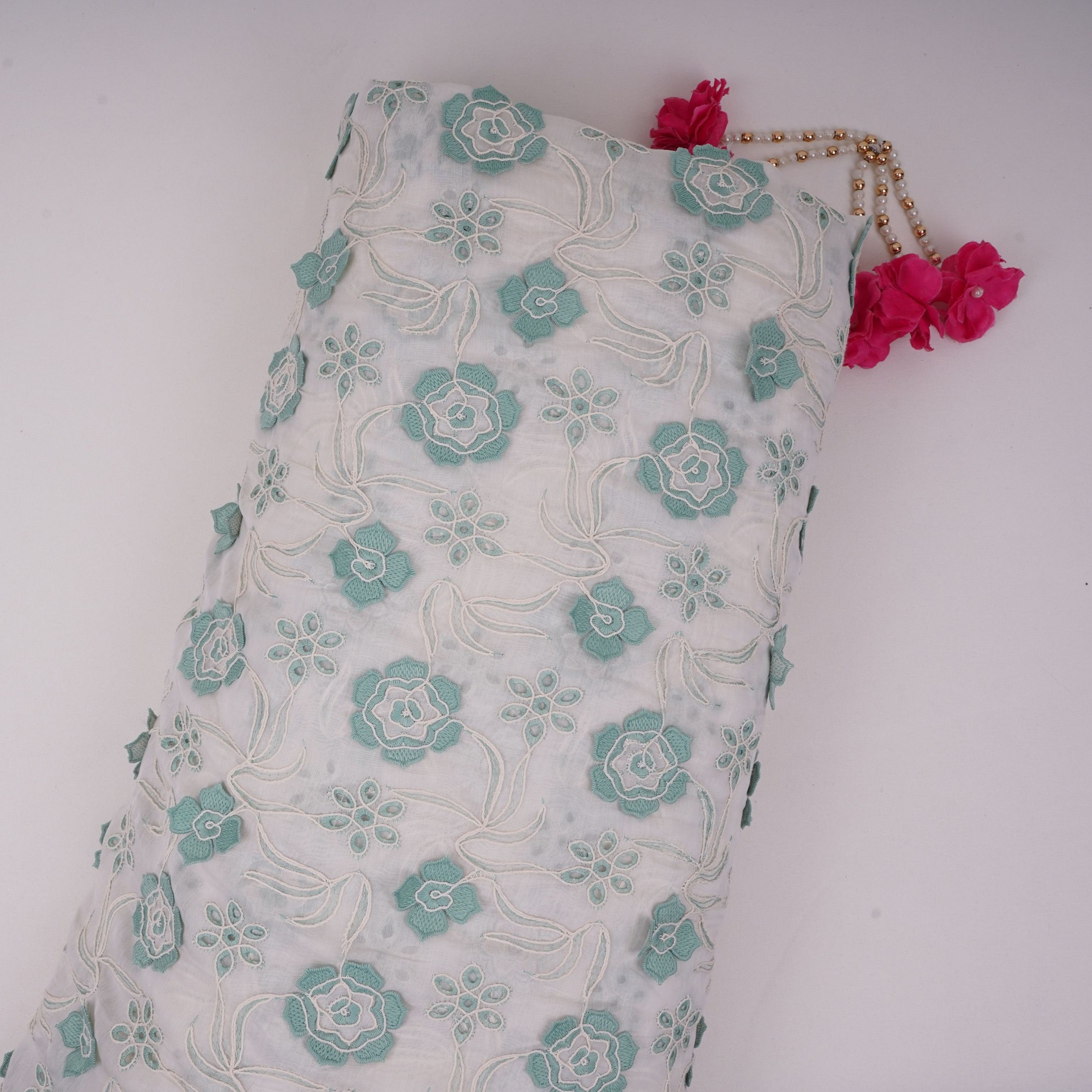 Off White With Sage Green 3D Floral Embroidery Tencel Schiffli Fabric LI-32332 - TradeUNO