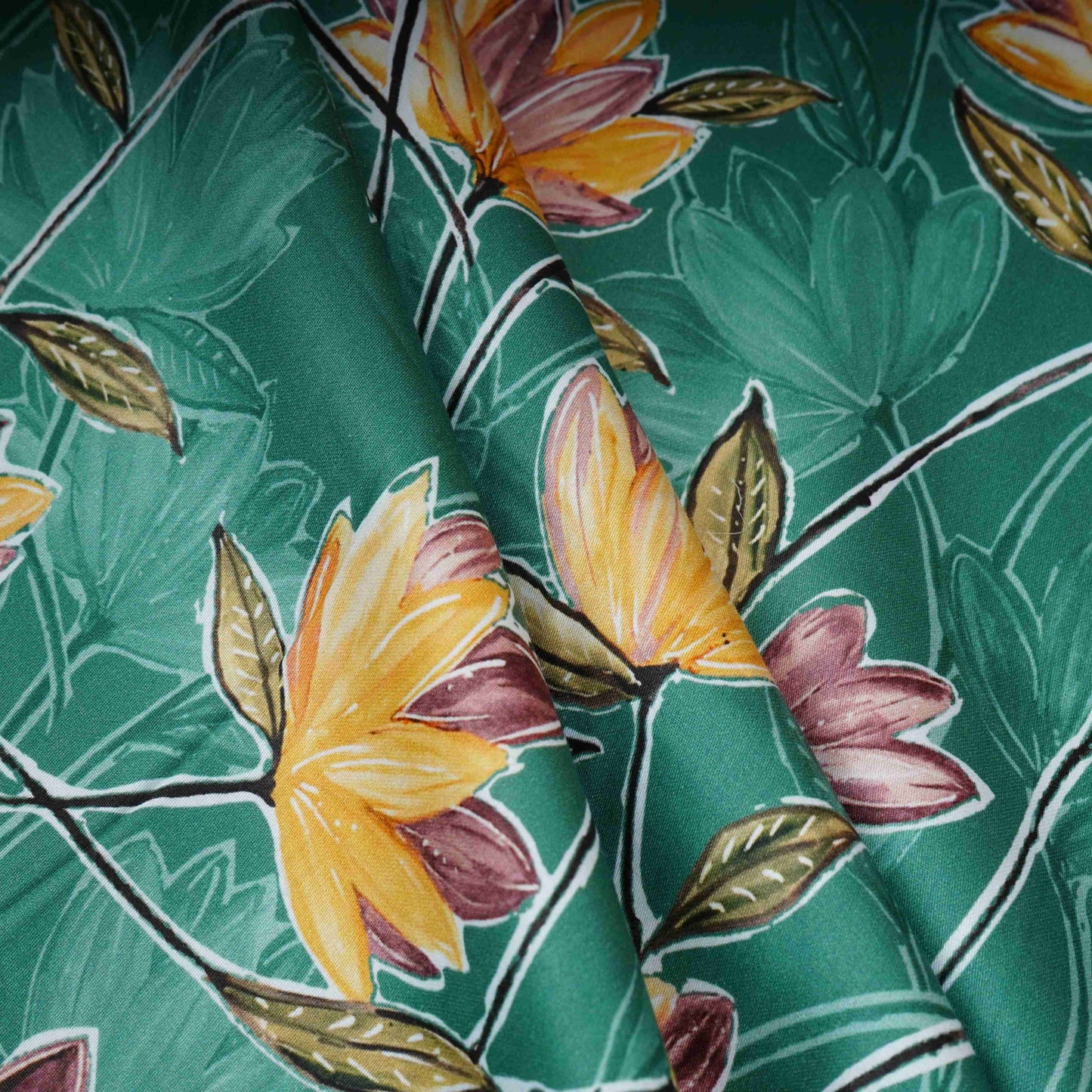 Green with Yellow Floral Print Cotton Satin Fabric PG-30444