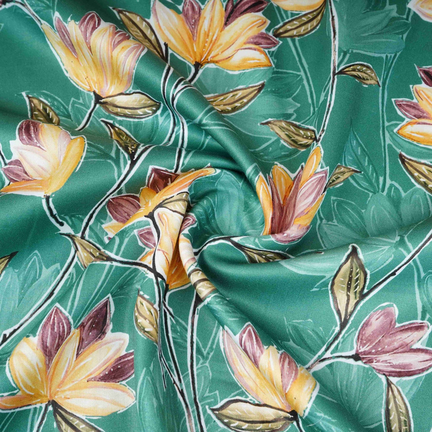 Green with Yellow Floral Print Cotton Satin Fabric PG-30444