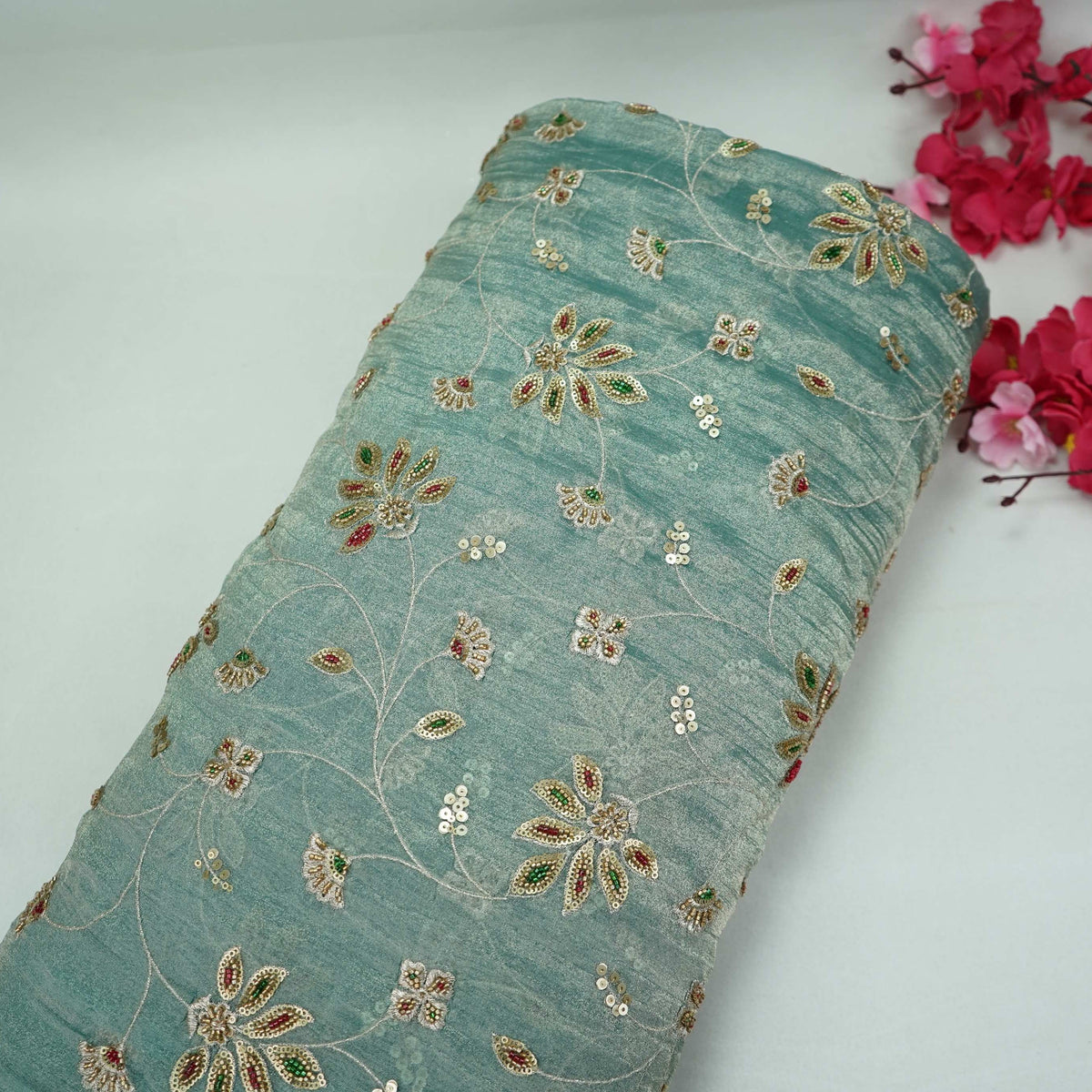 Teal Blue Floral Cutdana Embroidery Kanjivaram Tissue Fabric VF-35379