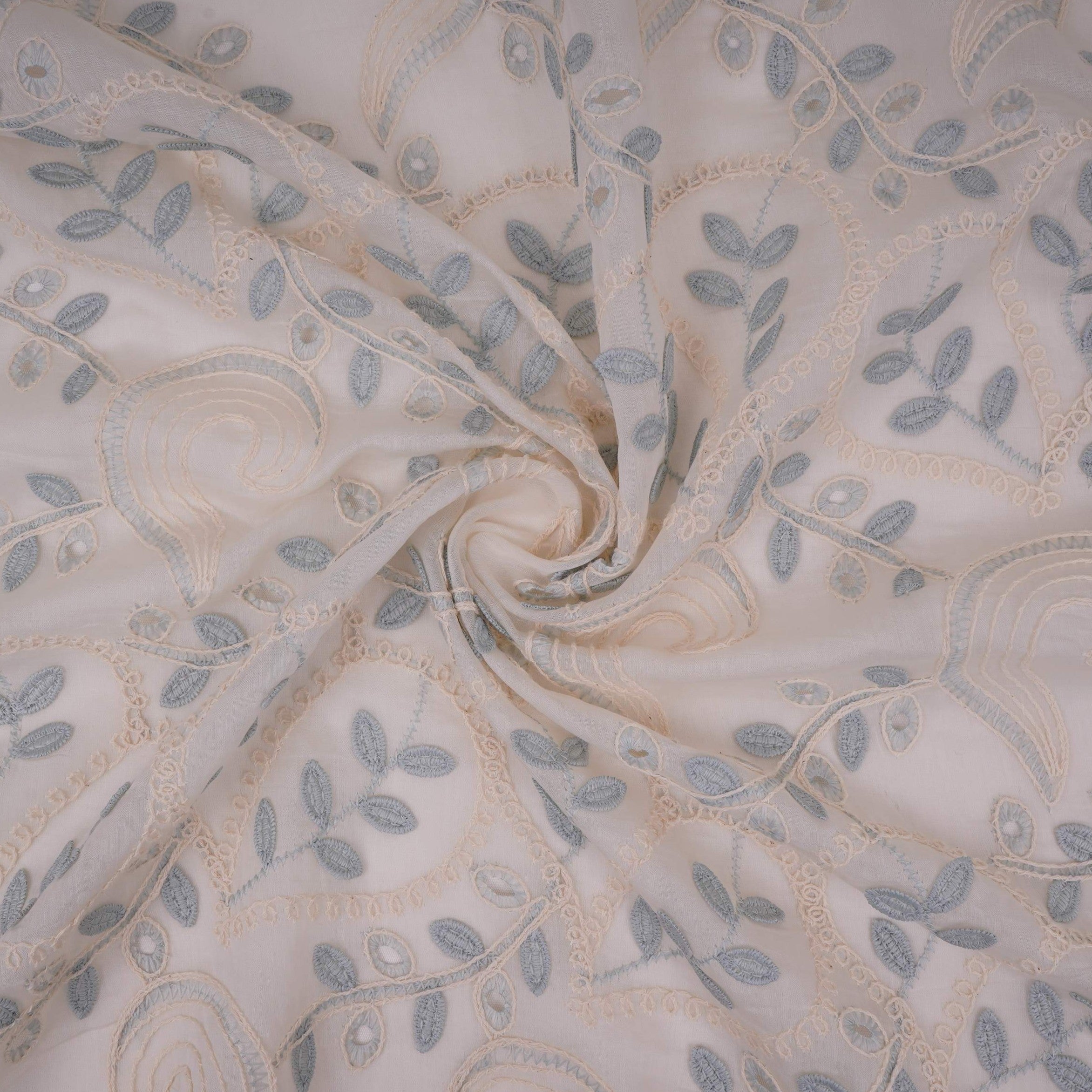 Off White With Blue 3D Leaf Embroidery Tencel Schiffli Fabric LI-32338 - TradeUNO