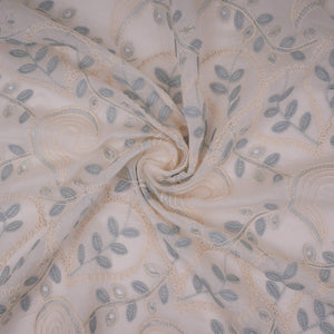 Off White With Blue 3D Leaf Embroidery Tencel Schiffli Fabric LI-32338 - TradeUNO