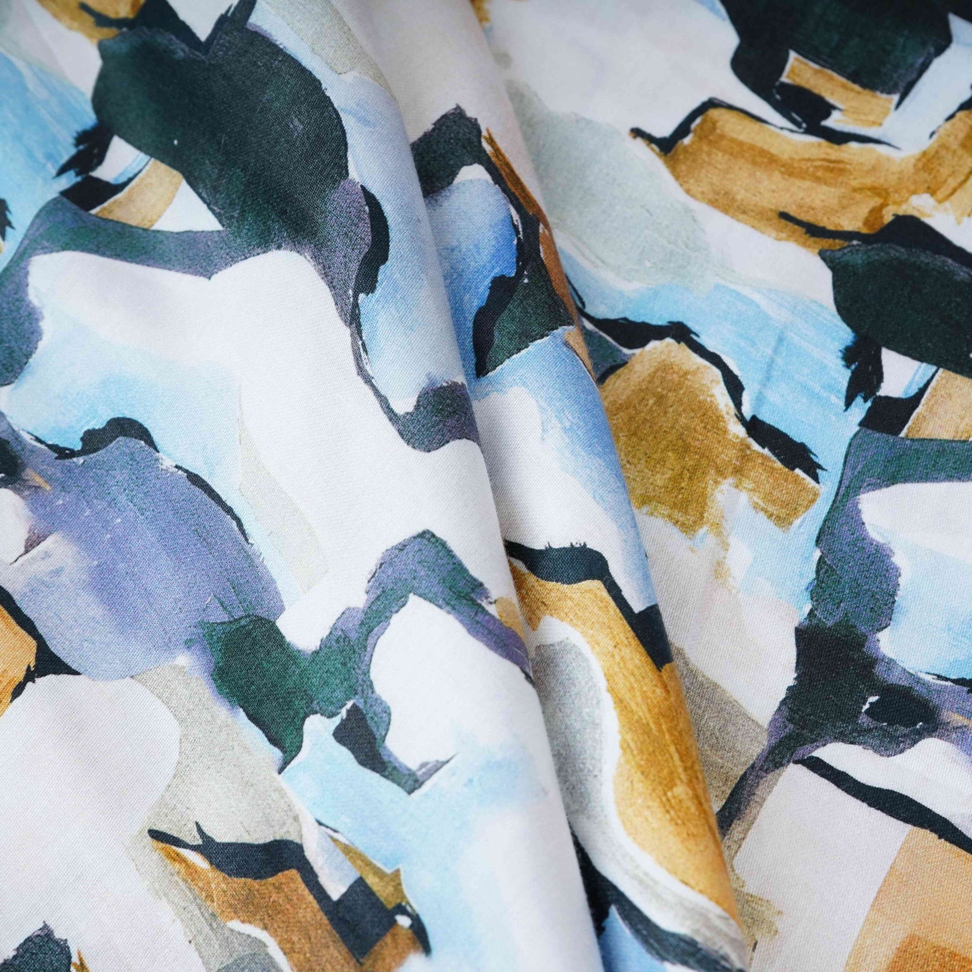 Blue with Multicolor Abstract Print Cotton Satin Fabric PG-30446 - TradeUNO
