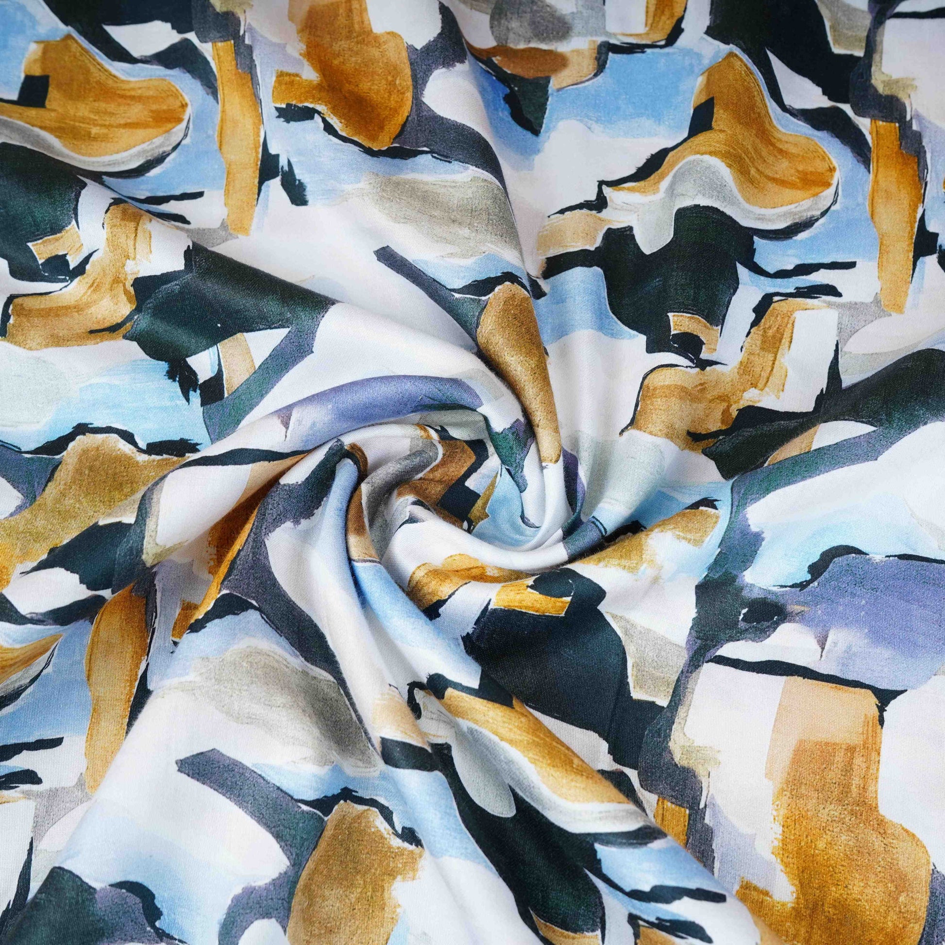 Blue with Multicolor Abstract Print Cotton Satin Fabric PG-30446 - TradeUNO