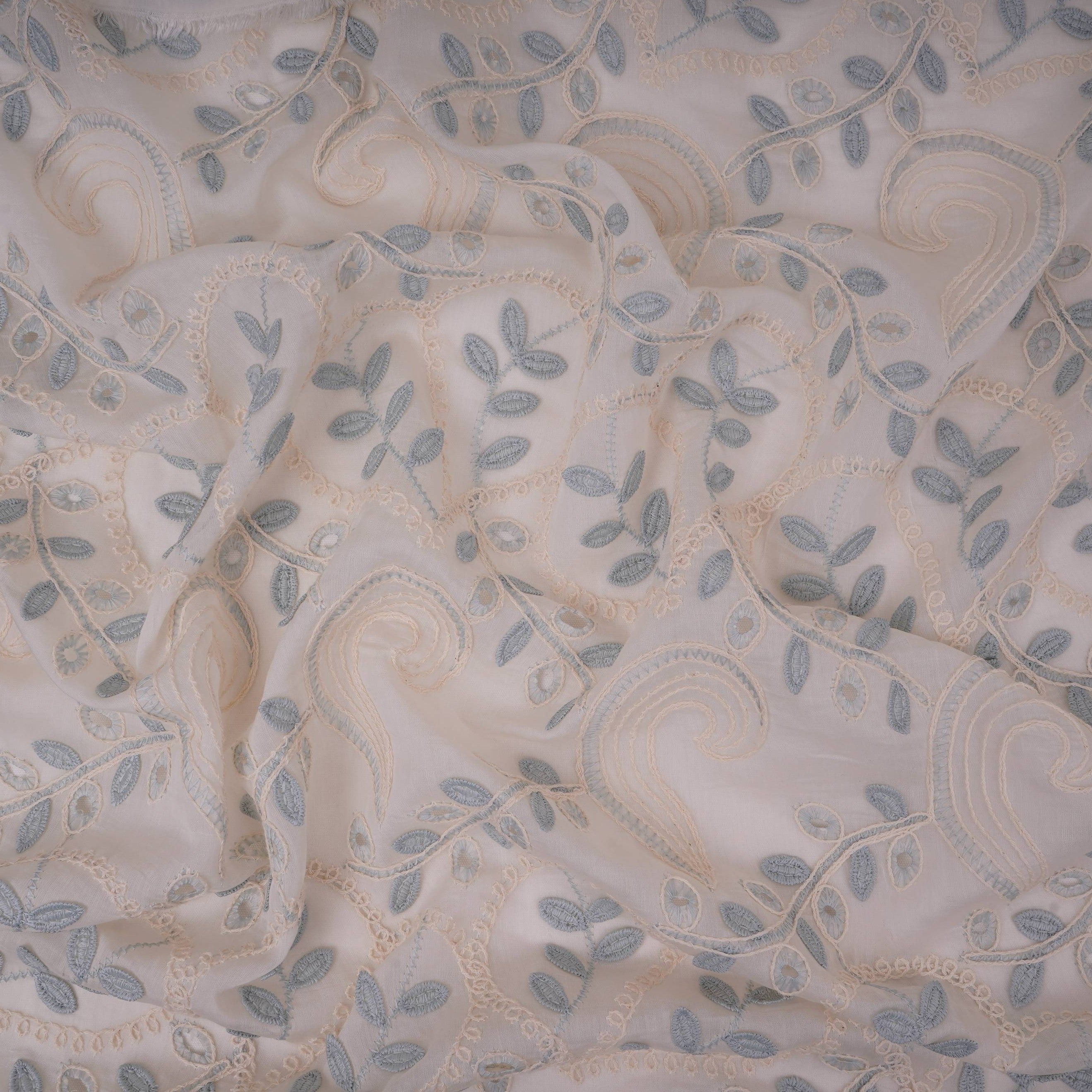 Off White With Blue 3D Leaf Embroidery Tencel Schiffli Fabric LI-32338 - TradeUNO