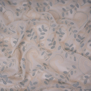 Off White With Blue 3D Leaf Embroidery Tencel Schiffli Fabric LI-32338 - TradeUNO