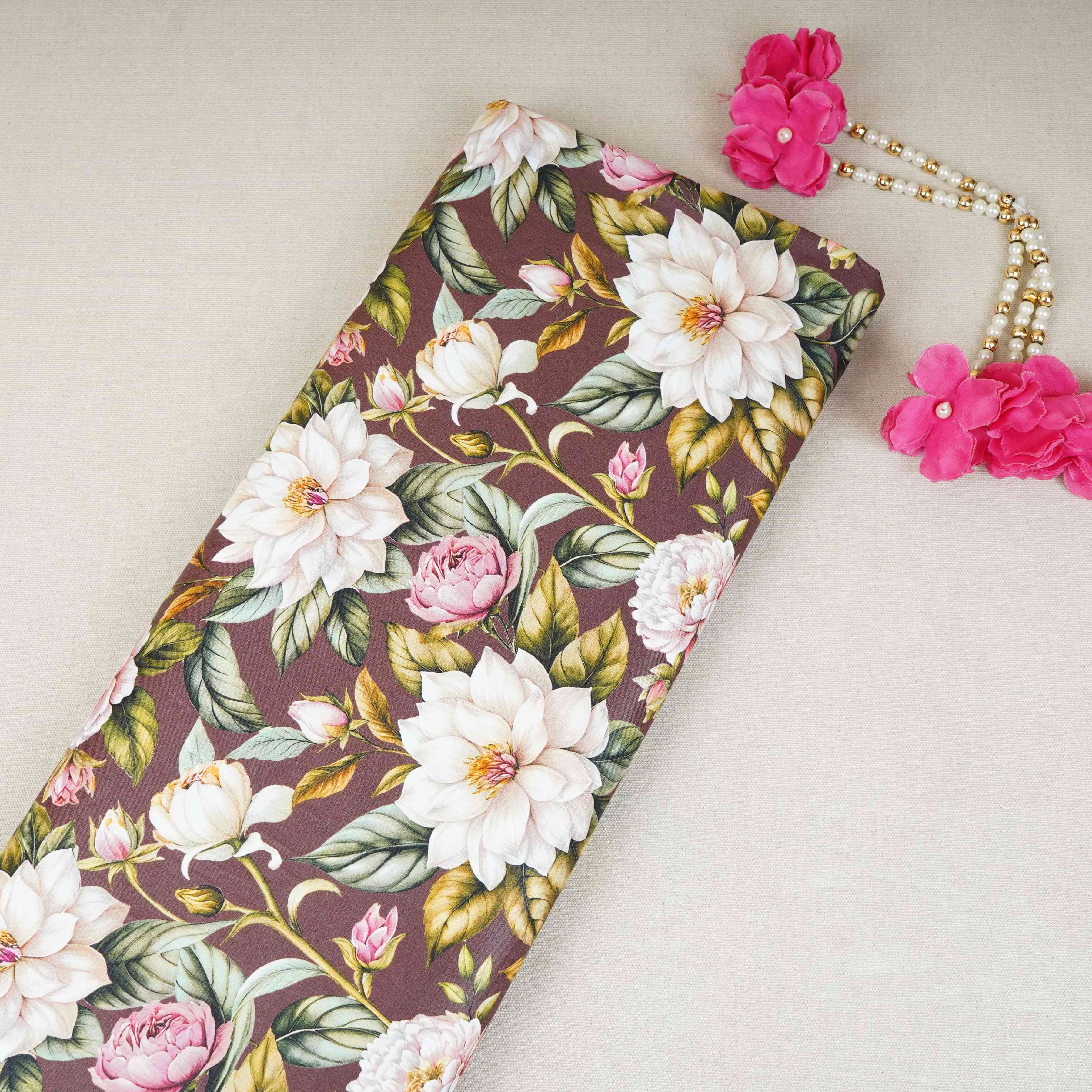 Dark Brown with White Floral Print Cotton Satin Fabric PG-30440 - TradeUNO