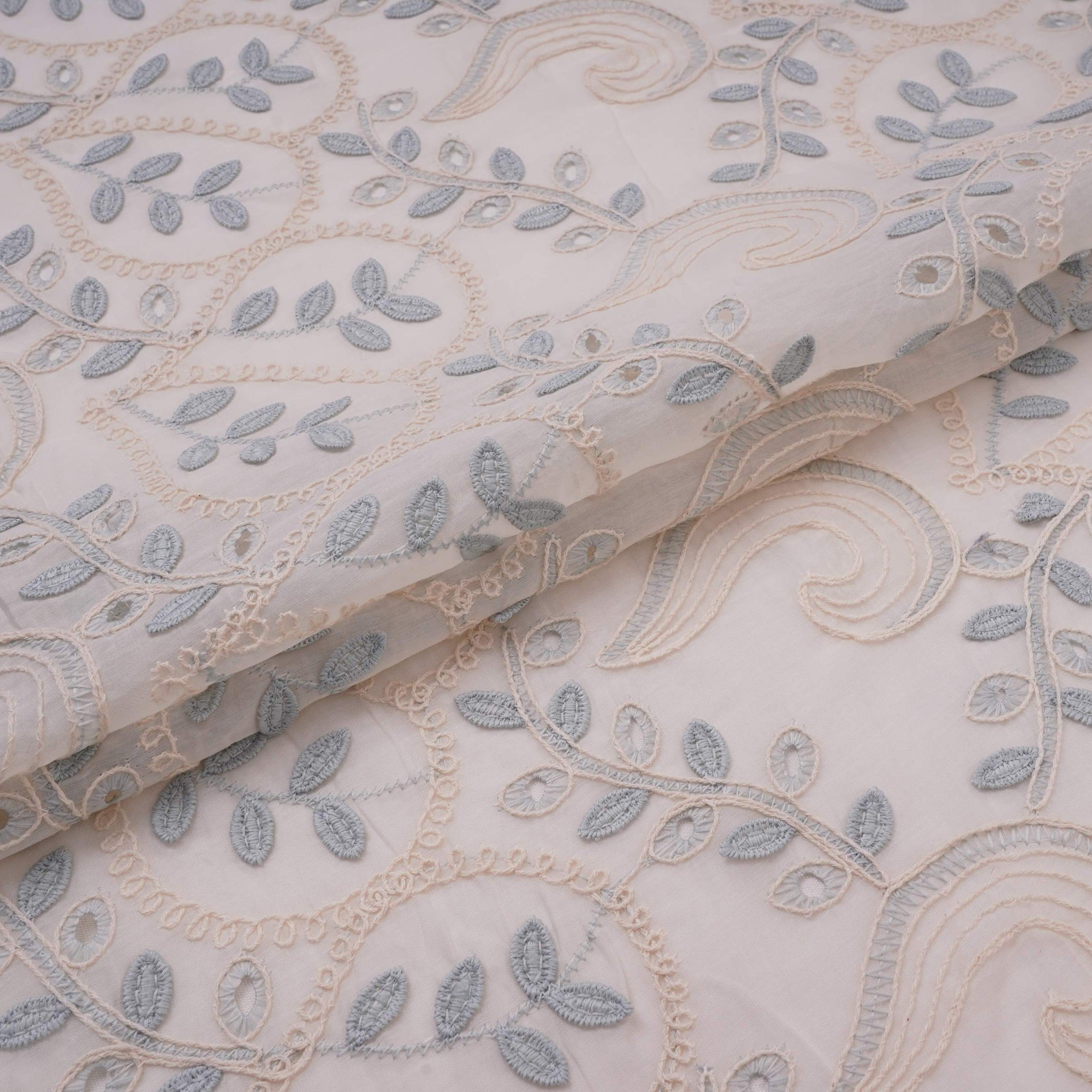Off White With Blue 3D Leaf Embroidery Tencel Schiffli Fabric LI-32338 - TradeUNO