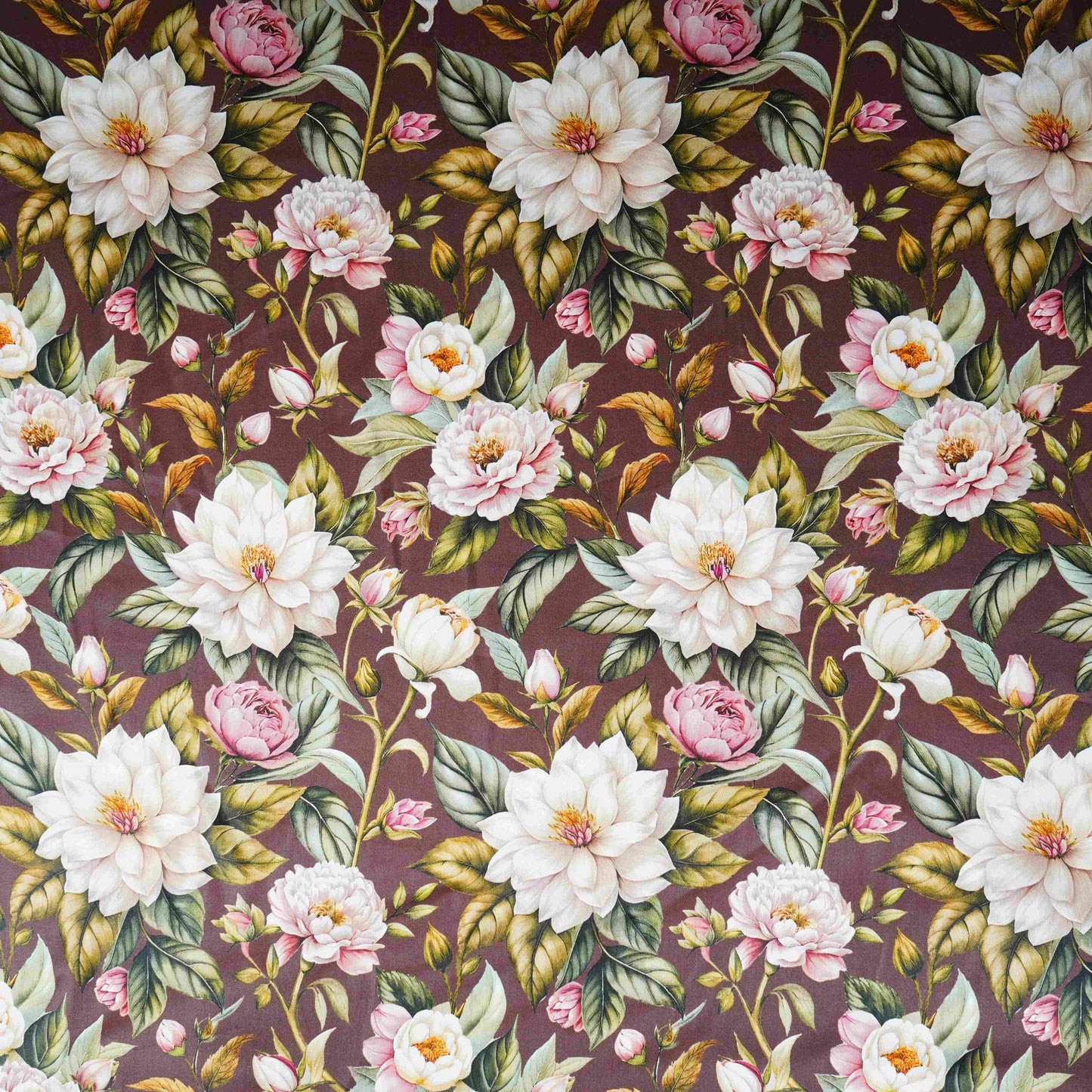 Dark Brown with White Floral Print Cotton Satin Fabric PG-30440