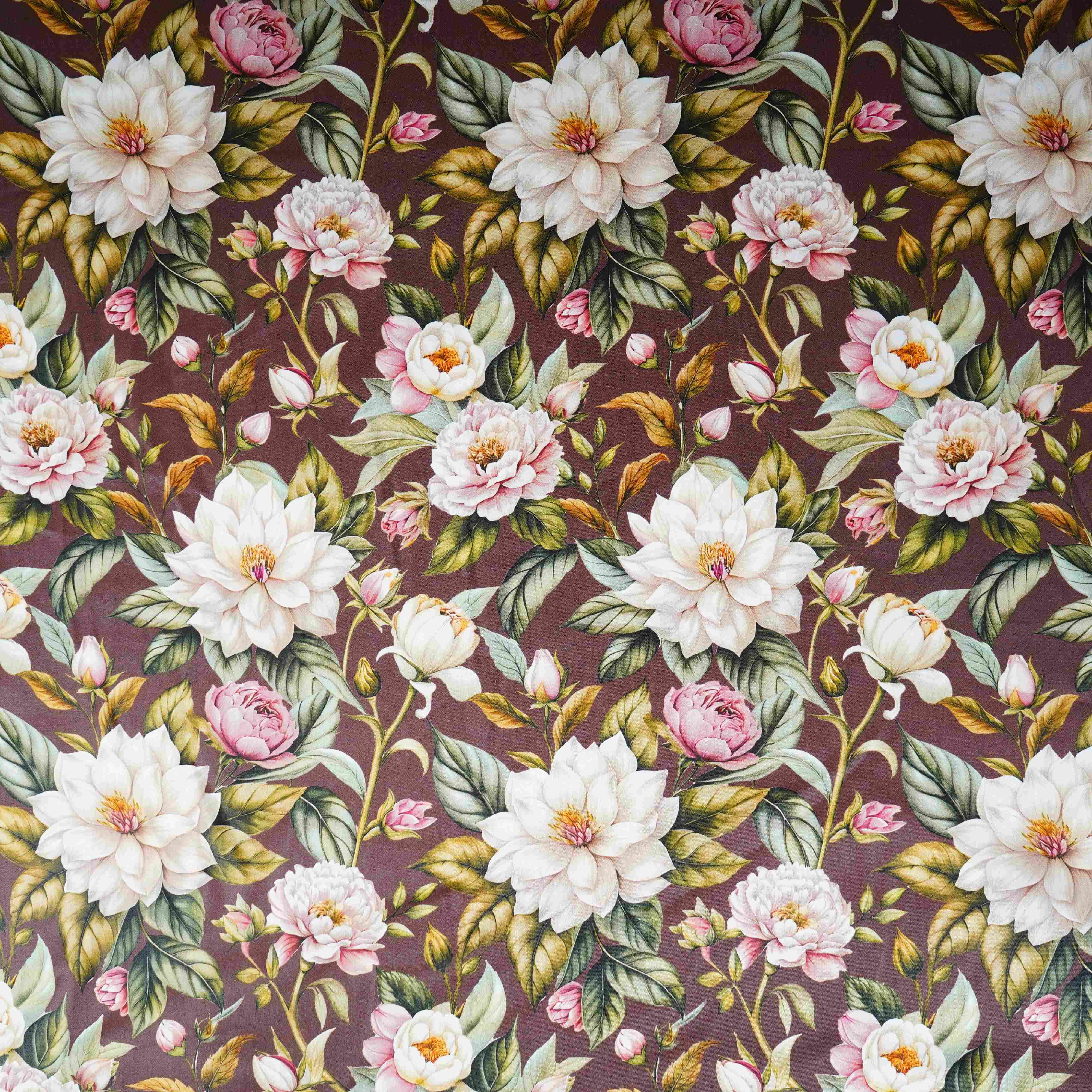 Dark Brown with White Floral Print Cotton Satin Fabric PG-30440 - TradeUNO
