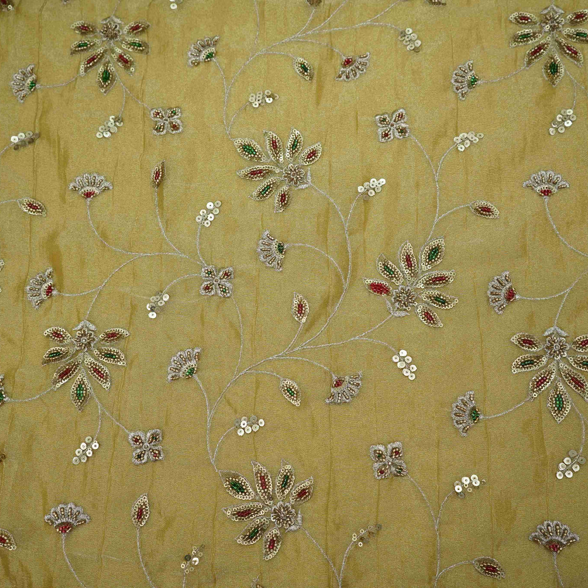 Golden Floral Cutdana Embroidery Kanjivaram Tissue Fabric VF-35378