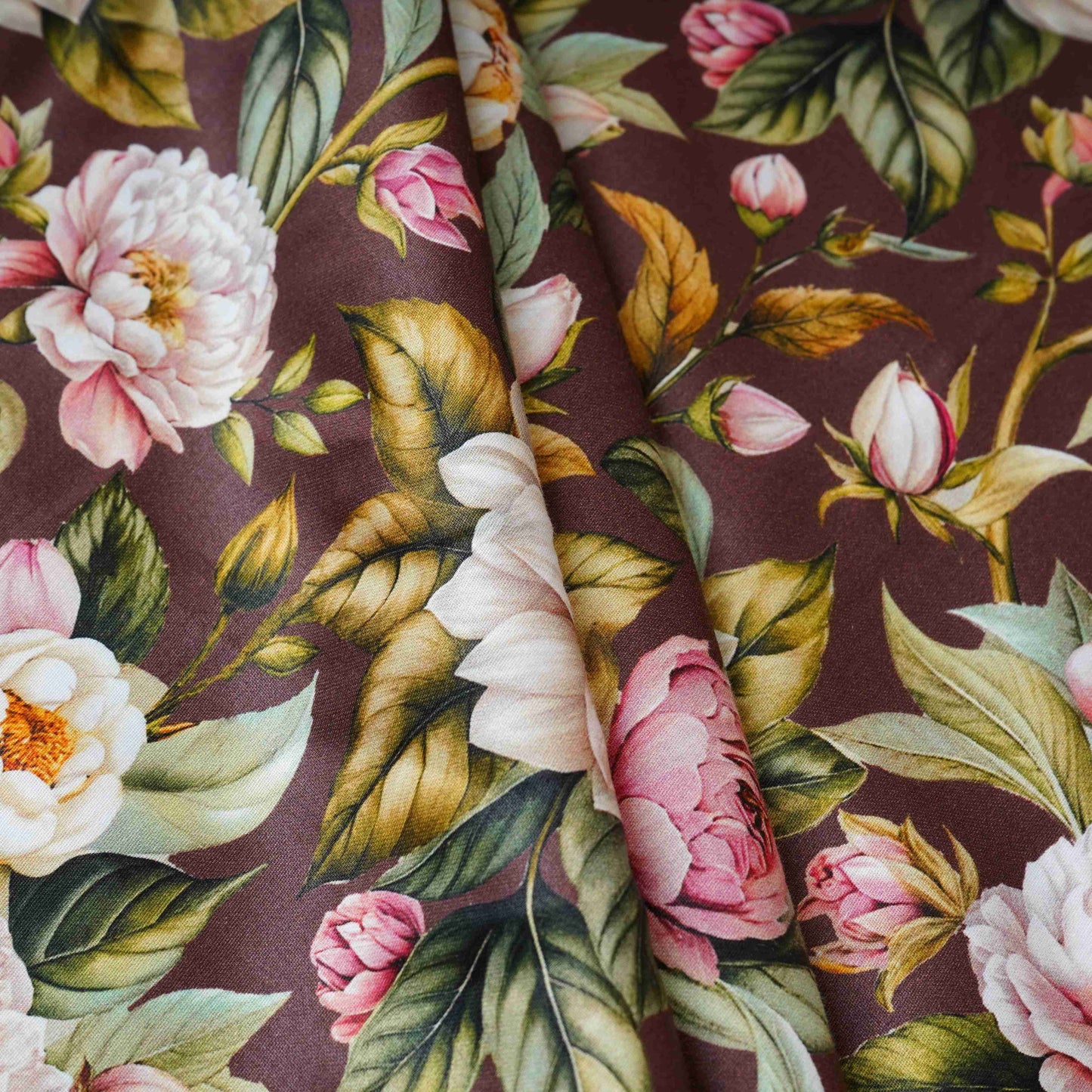 Dark Brown with White Floral Print Cotton Satin Fabric PG-30440