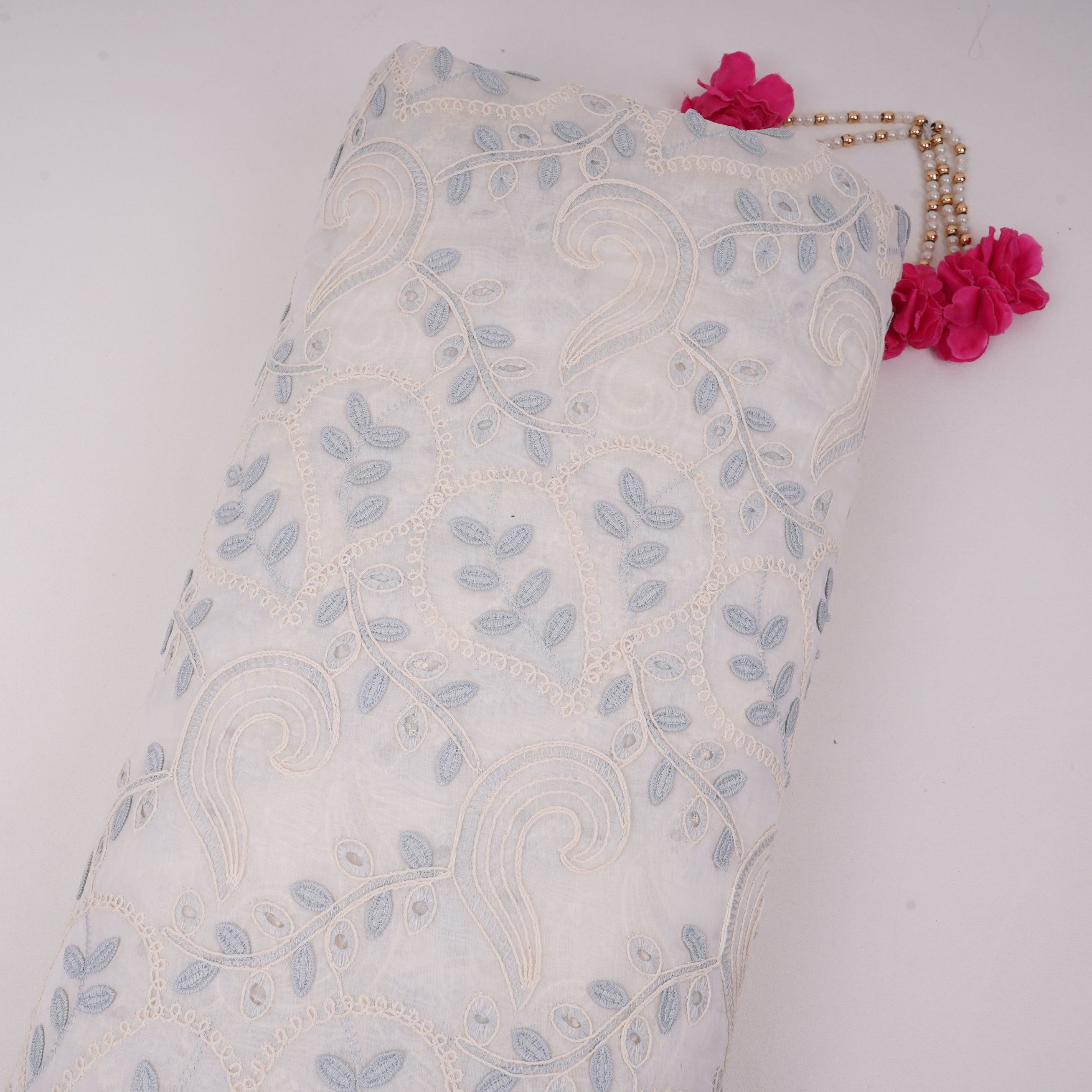 Off White With Blue 3D Leaf Embroidery Tencel Schiffli Fabric LI-32338 - TradeUNO