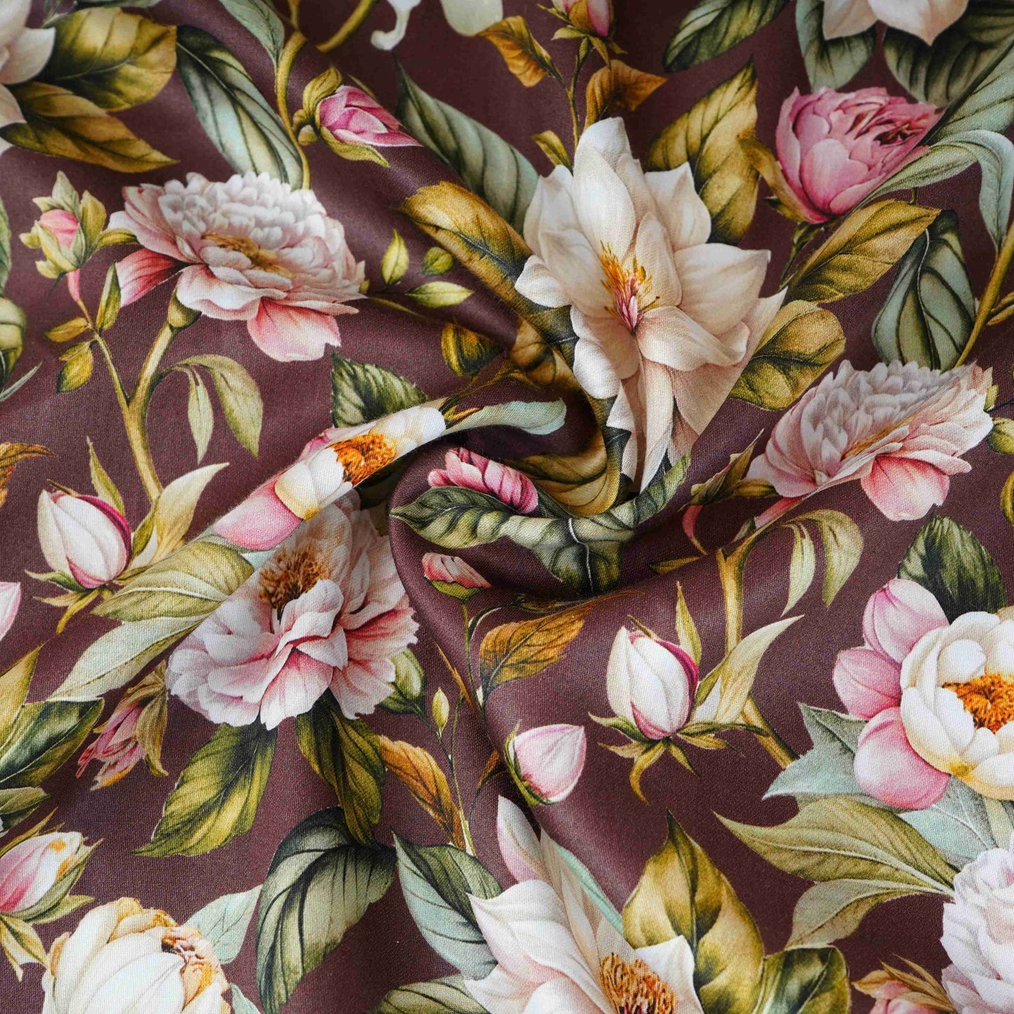 Dark Brown with White Floral Print Cotton Satin Fabric PG-30440