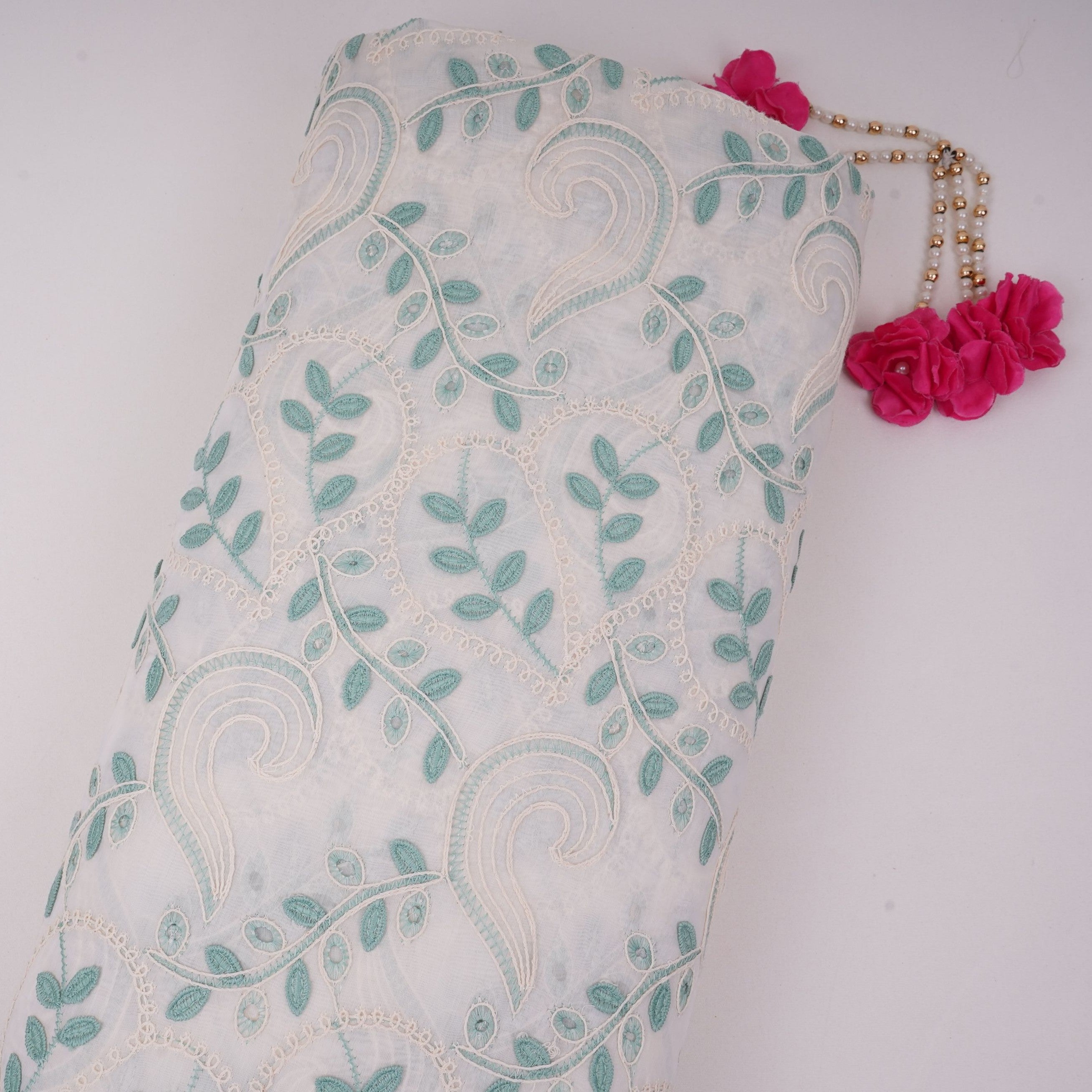 Off White With Sage Geen 3D Leaf Embroidery Tencel Schiffli Fabric LI-32335 - TradeUNO