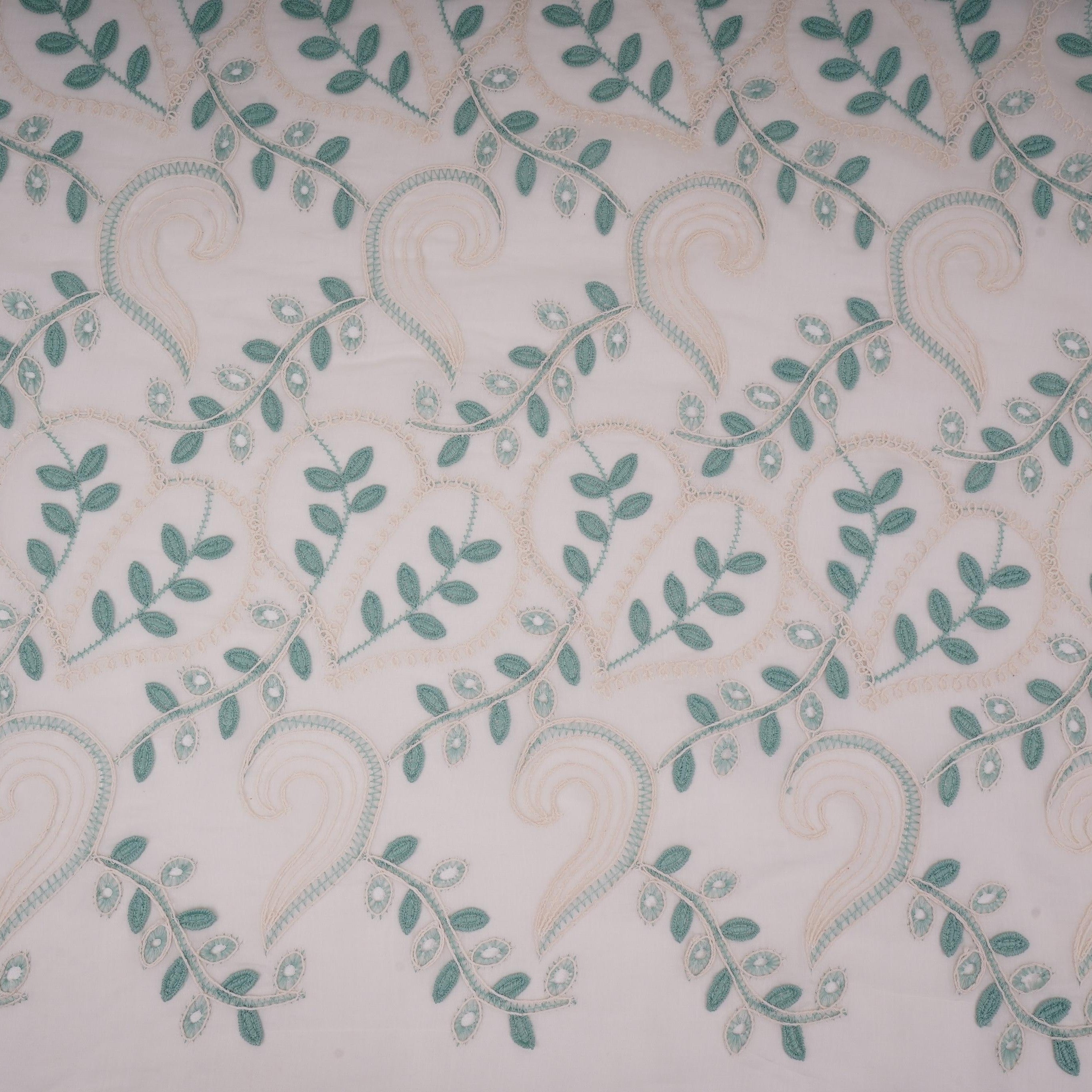 Off White With Sage Geen 3D Leaf Embroidery Tencel Schiffli Fabric LI-32335 - TradeUNO