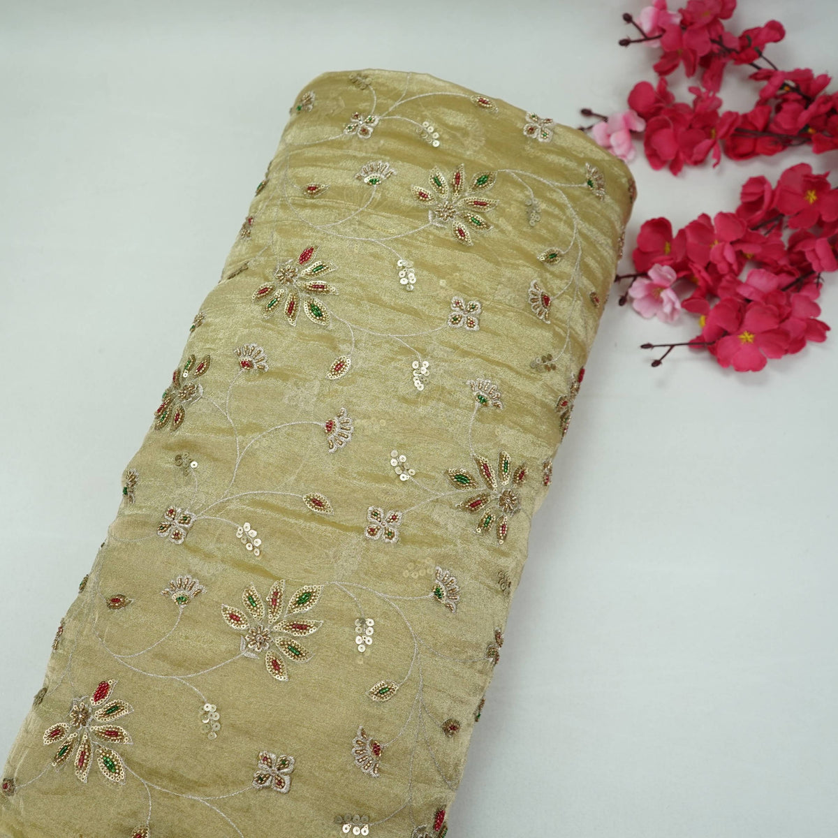 Golden Floral Cutdana Embroidery Kanjivaram Tissue Fabric VF-35378
